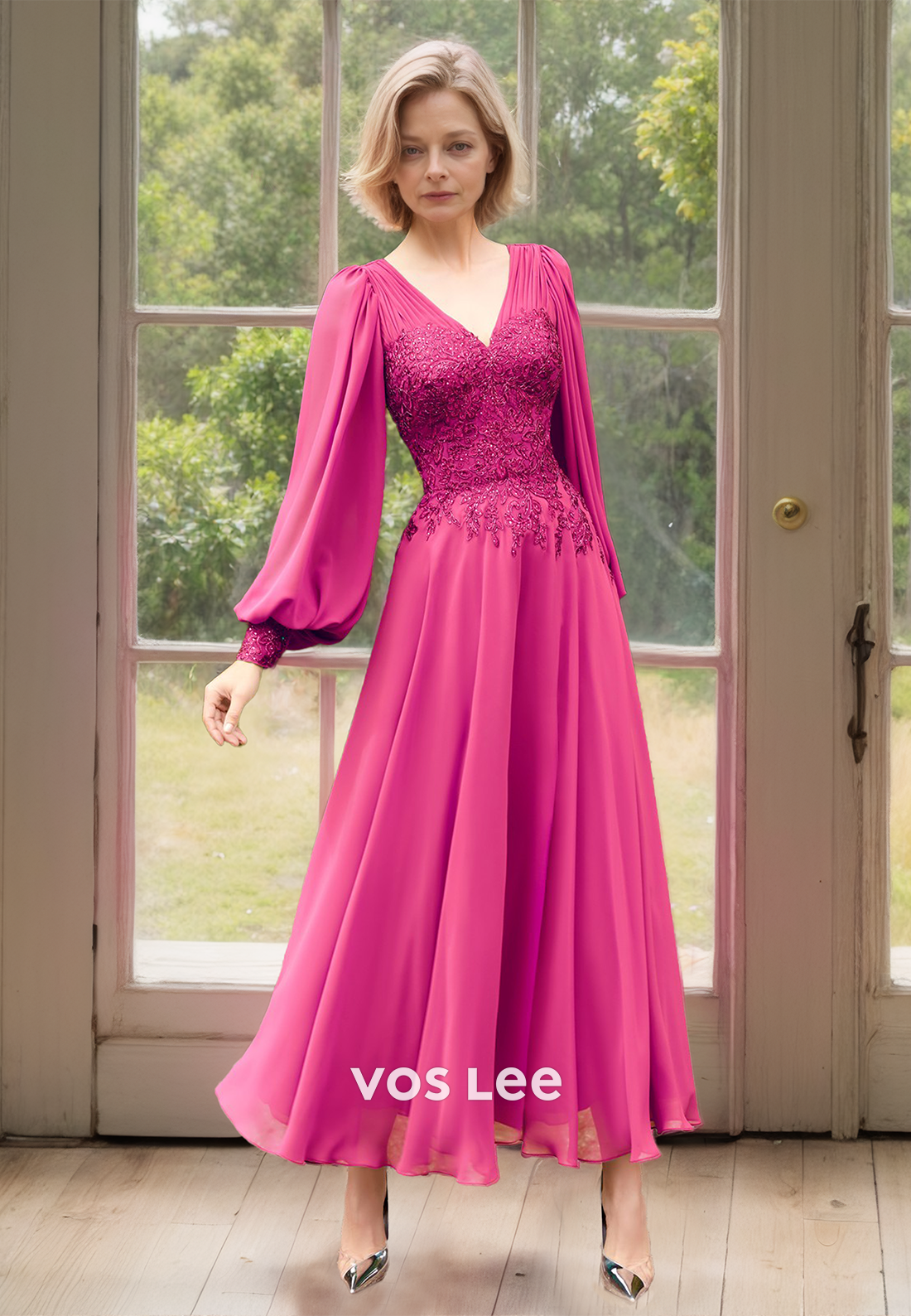 Ornate A-Line V Neck Lace Appliques Tea Length Pleated Mother of the Formal Dress