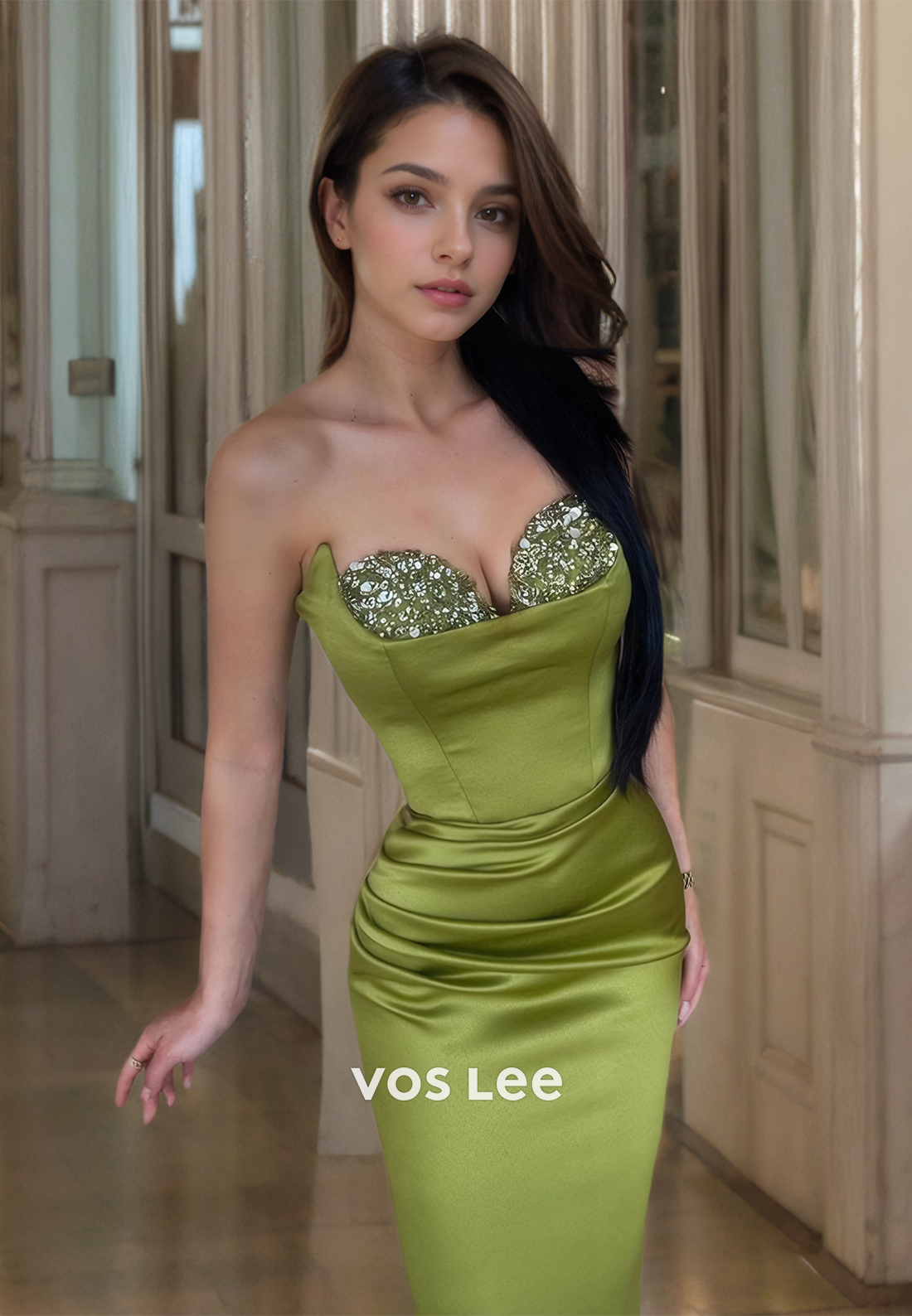 Sexy Column Strapless Sweep Train Sleeveless Ruched Sequins Satin Prom Formal Dress with Split