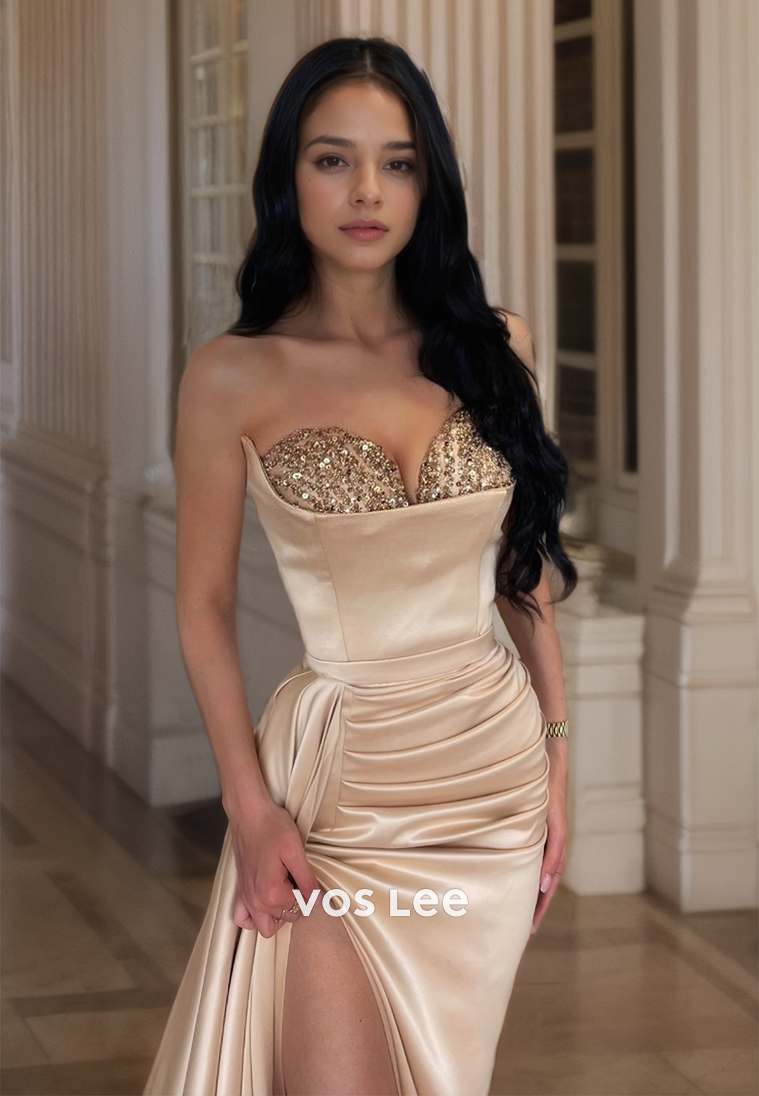 Vintage Column Strapless Sequins Sweep Train Sleeveless Side Split Ruched Satin Prom Evening Dress