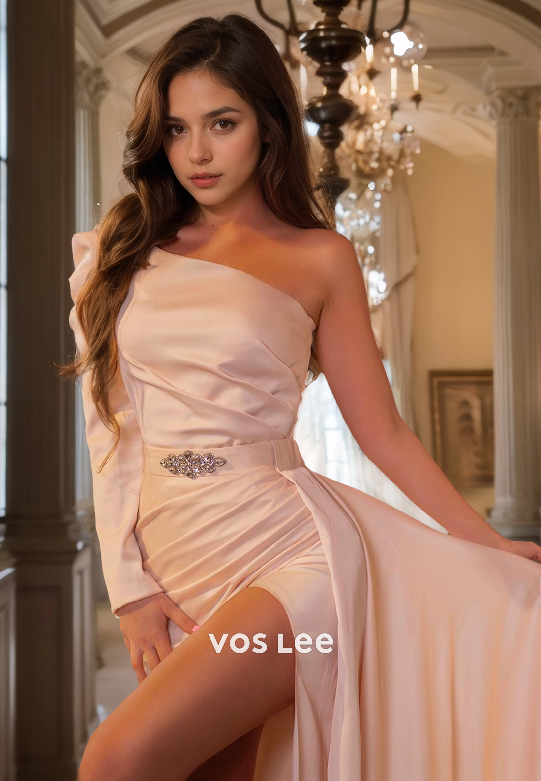 Gorgeous One Shoulder Long Sleeves Sheath High Split Beaded Draped Satin Prom Formal Dress