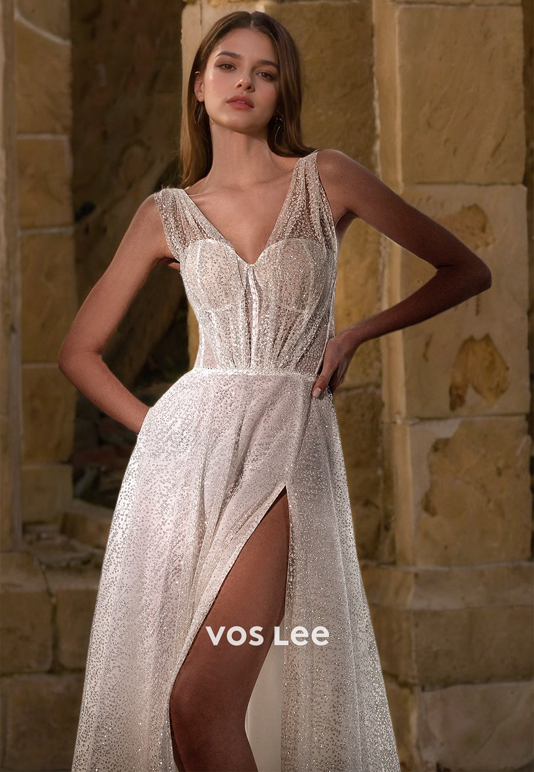 Luxury A-Line V Neck Backless Sequins Side Split Sweep Train Sparkly Wedding Bride Dress