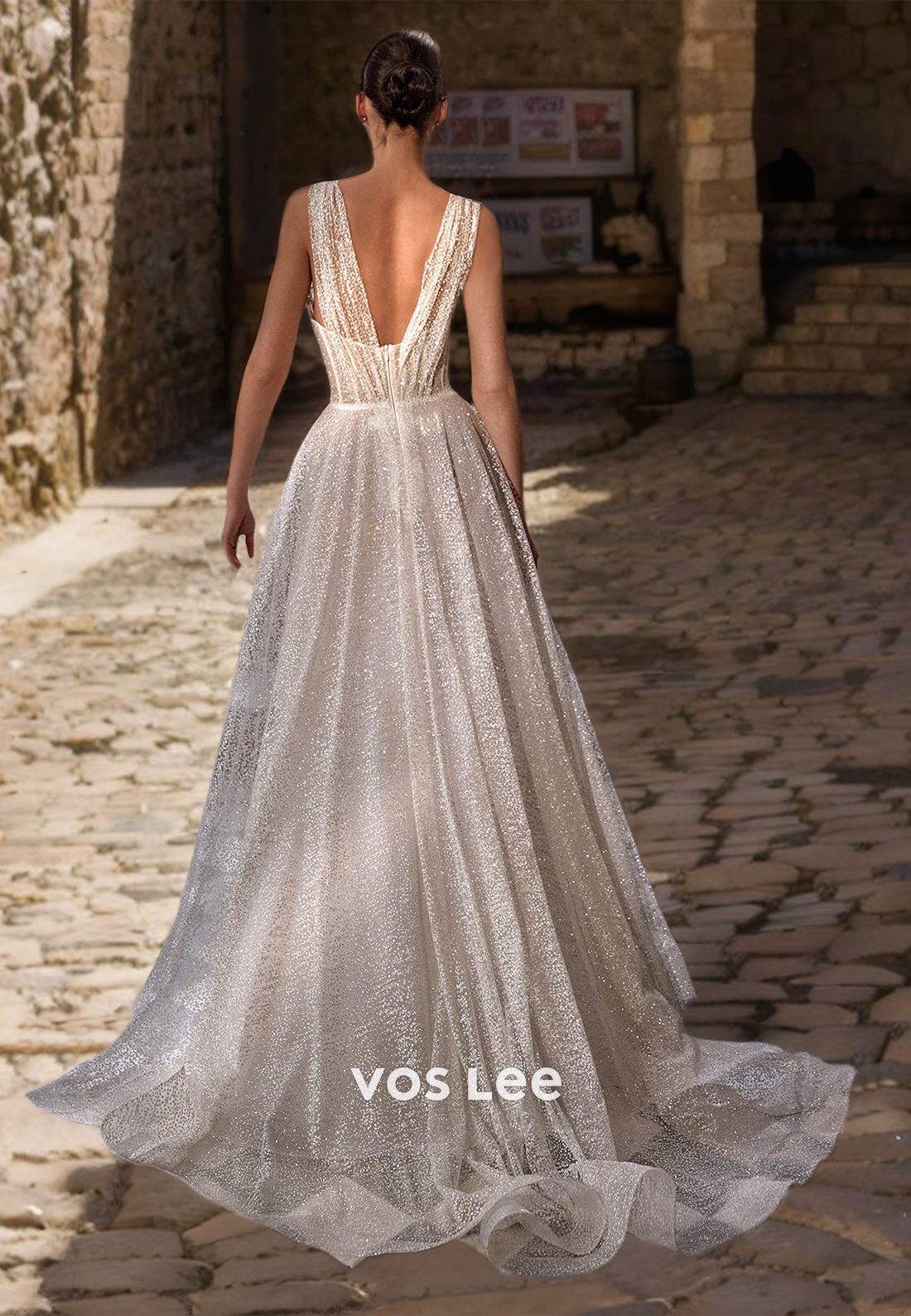 Luxury A-Line V Neck Backless Sequins Side Split Sweep Train Sparkly Wedding Bride Dress