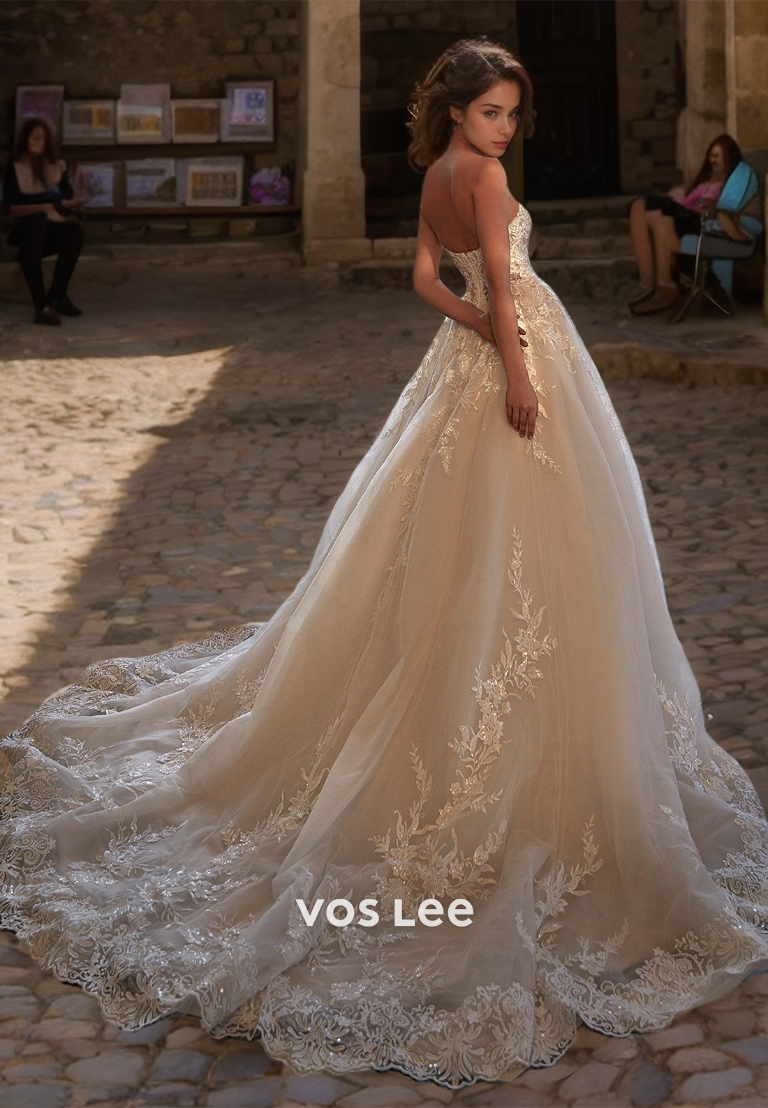Graceful V Neck A-Line Sleeveless Court Train Lace Appliques Beaded Zipper Wedding Gown
