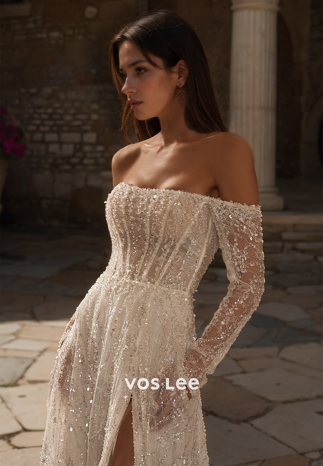 Graceful Off Shoulder Long Sleeves A-Line High Split Sequins Ruched Wedding Dress Glitter
