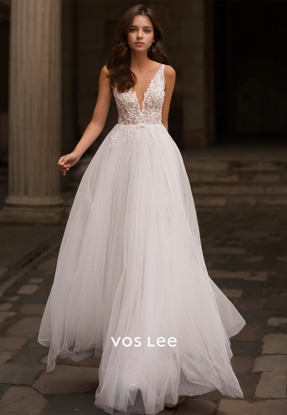 Gorgeous A-Line Backless Deep V Neck Lace Appliques Tulle Pleated Sweep Train Wedding Gown