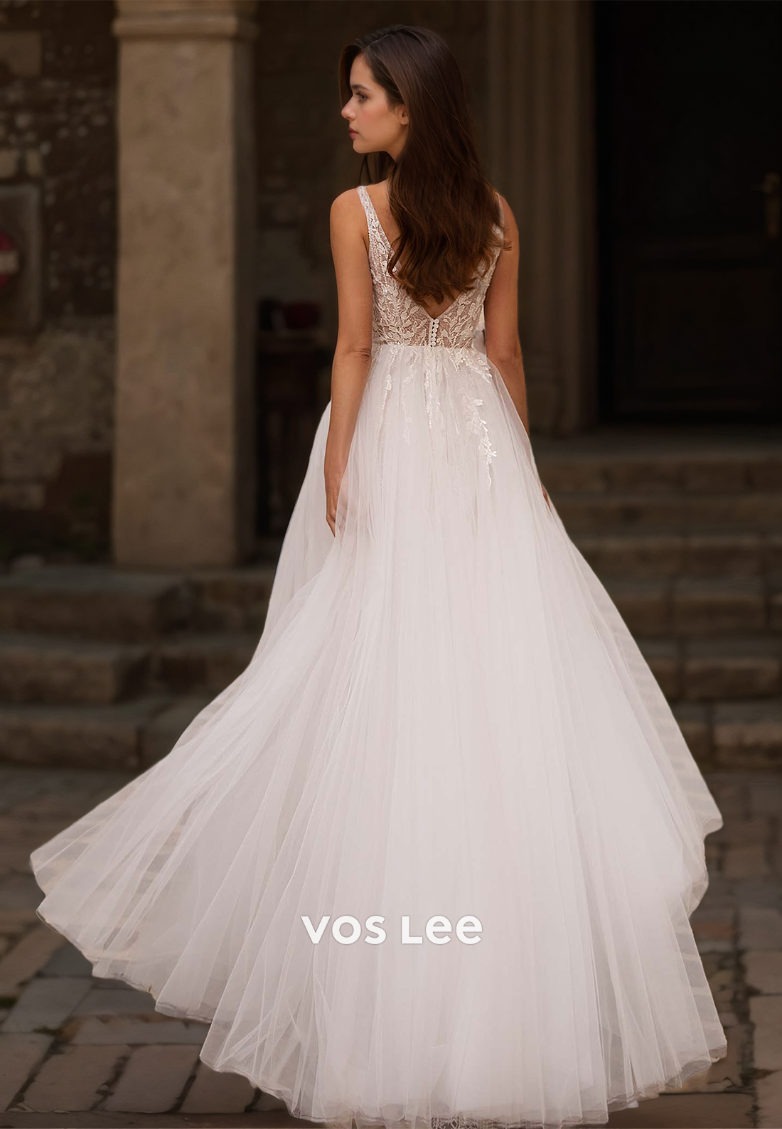 Gorgeous A-Line Backless Deep V Neck Lace Appliques Tulle Pleated Sweep Train Wedding Gown