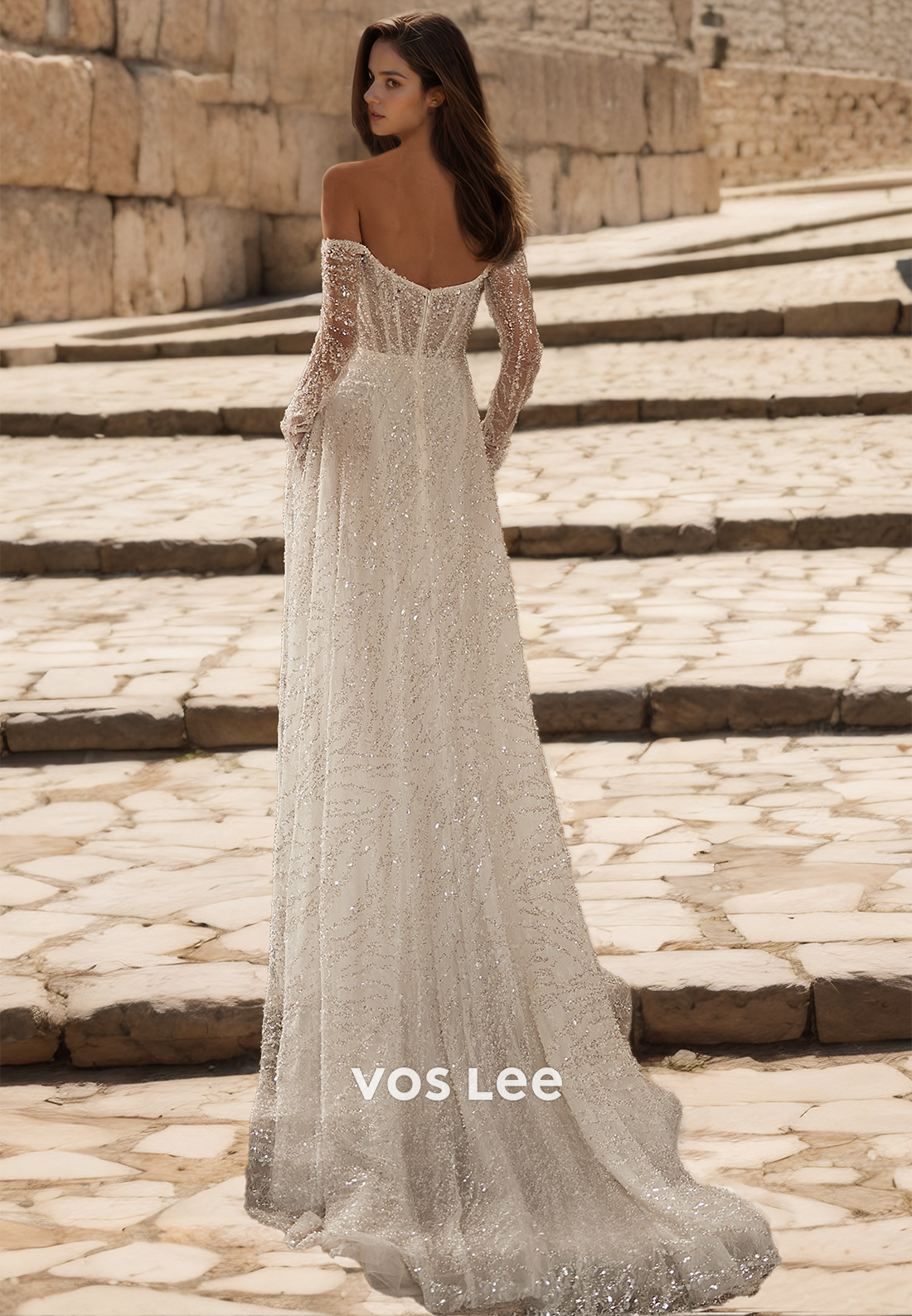Graceful Off Shoulder Long Sleeves A-Line High Split Sequins Ruched Wedding Dress Glitter