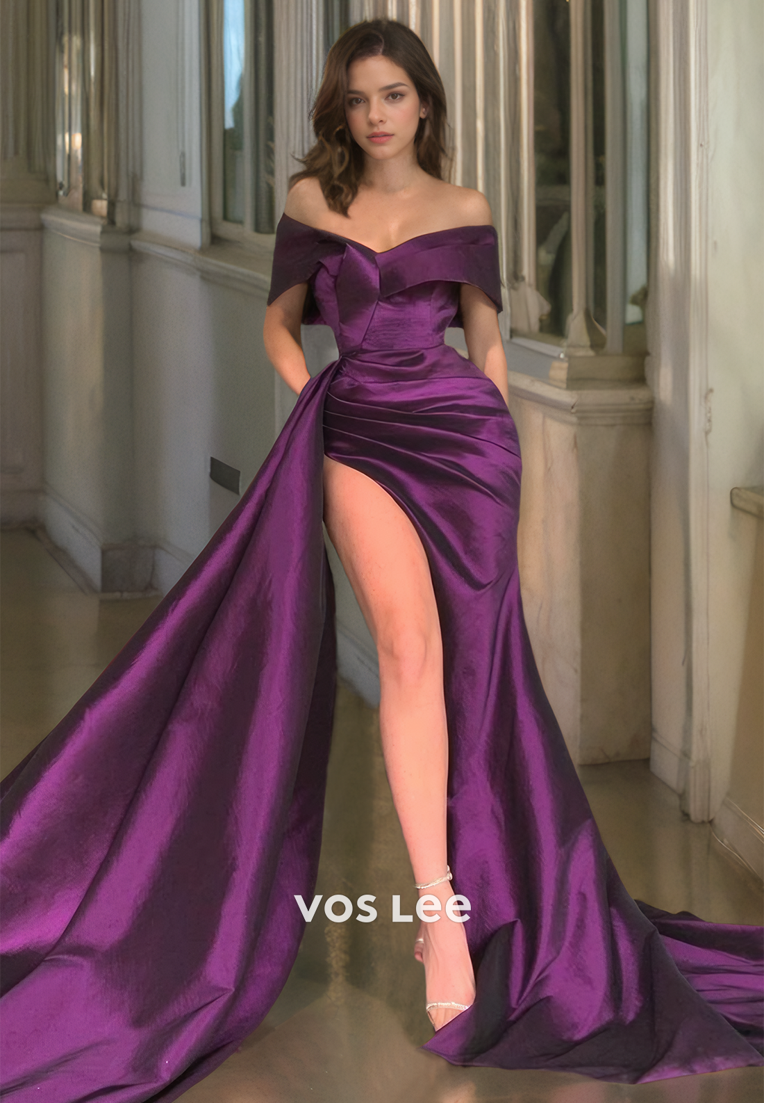 Graceful Sheath Off Shoulder Back Zipper Draped Sweep Train Side Split Satin Prom Formal Dress