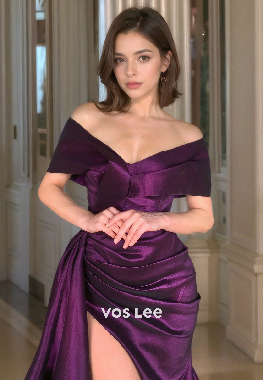 Graceful Sheath Off Shoulder Back Zipper Draped Sweep Train Side Split Satin Prom Formal Dress