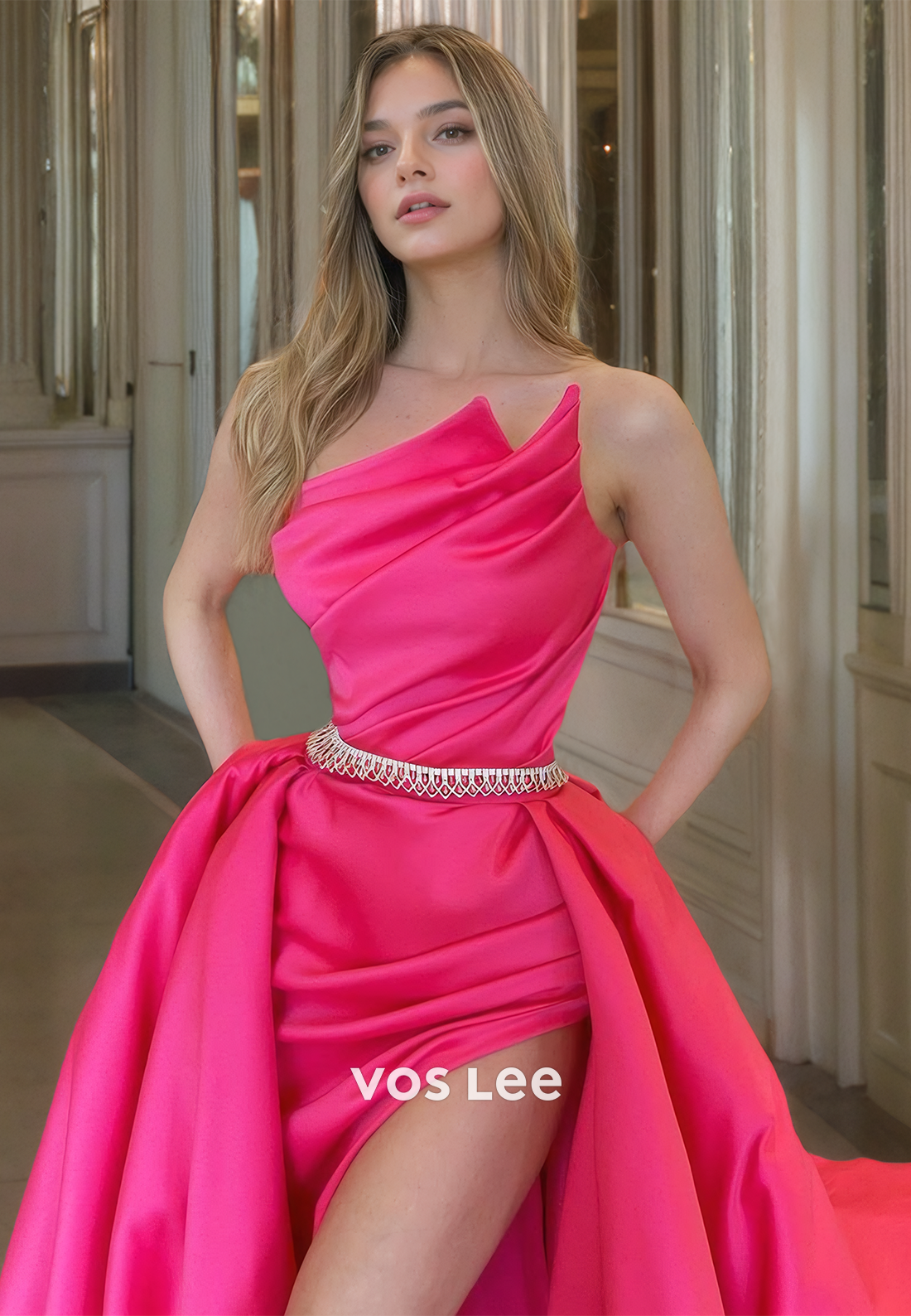 Fuchsia Sheath Strapless Belt Sleeveless Ruched Back Zipper Satin Prom Party Dress with Split