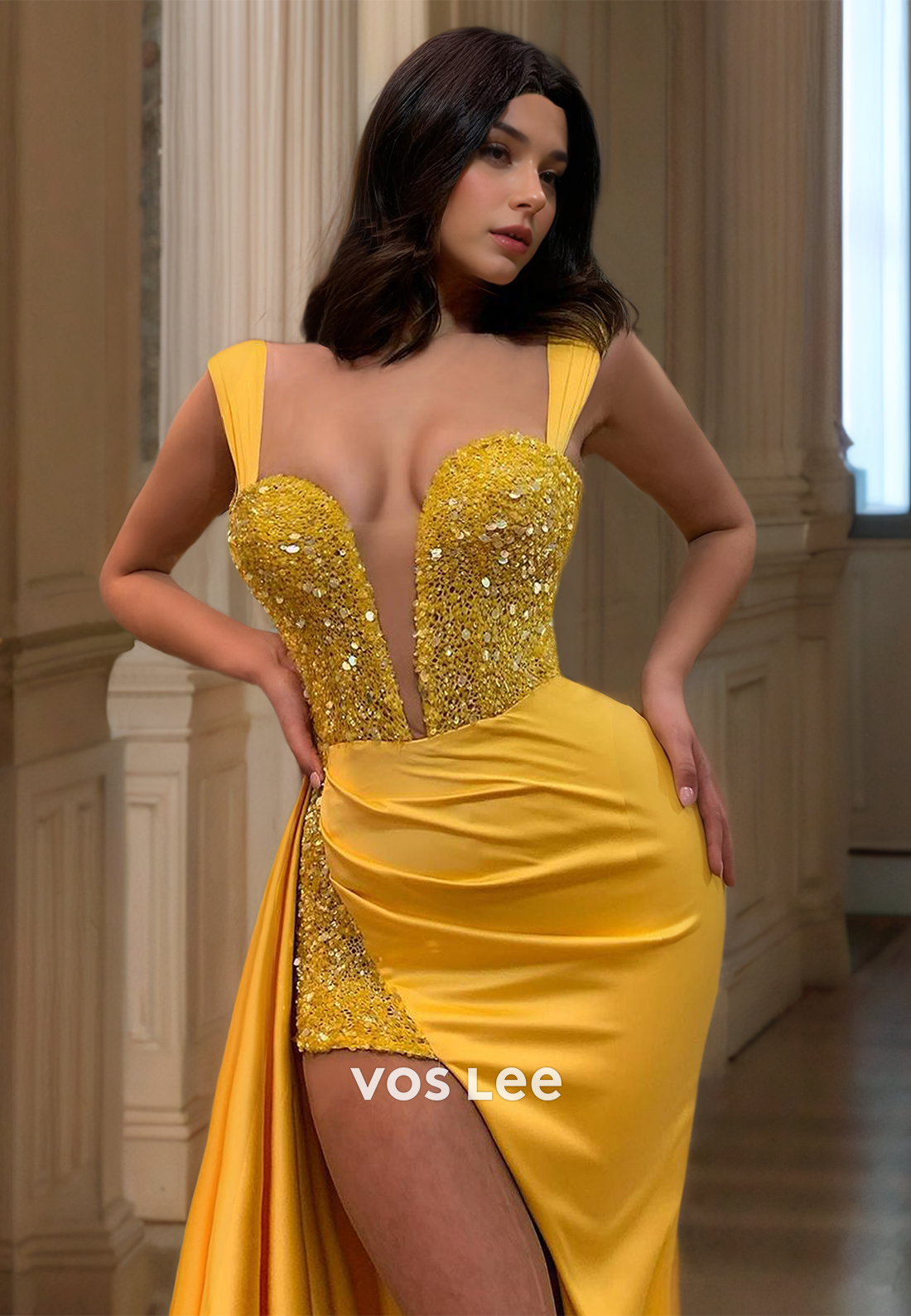 Luxury Sheath Plunging Deep V Neck Illusion Sequins Gold Ruched Satin Prom Party Dress with Split