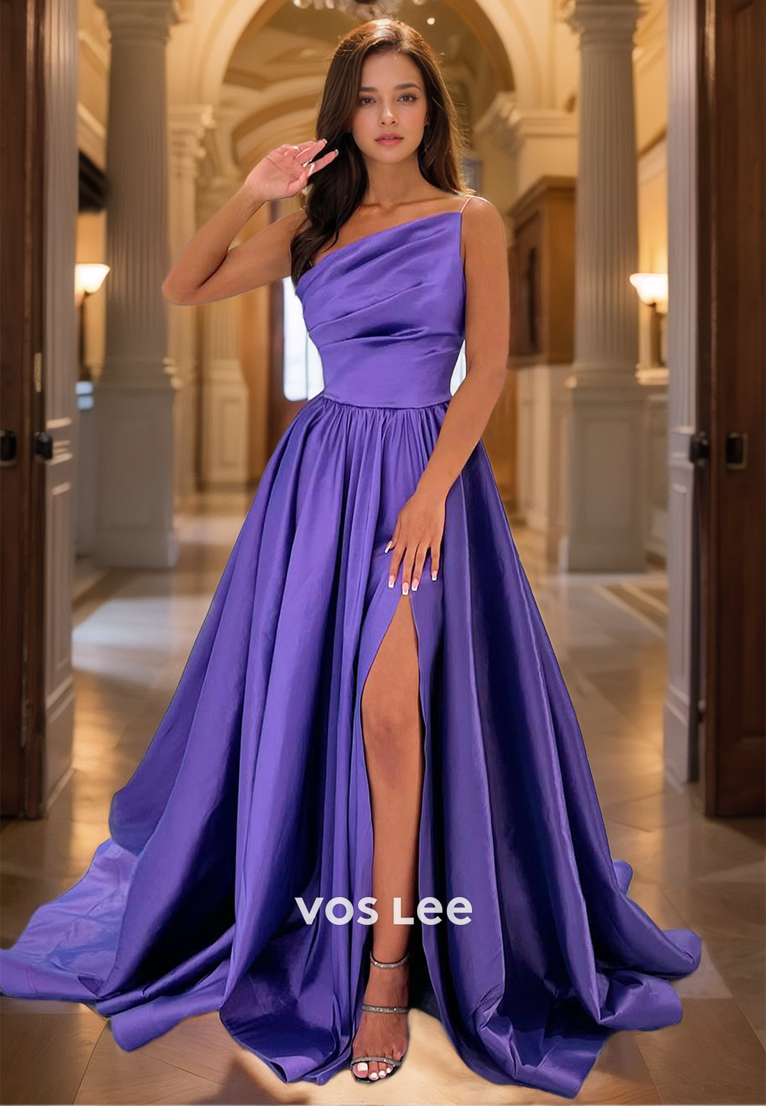 Charming A-Line Asymmetrical Neck Spaghetti Straps Sleeveless Satin Prom Formal Dress with Split
