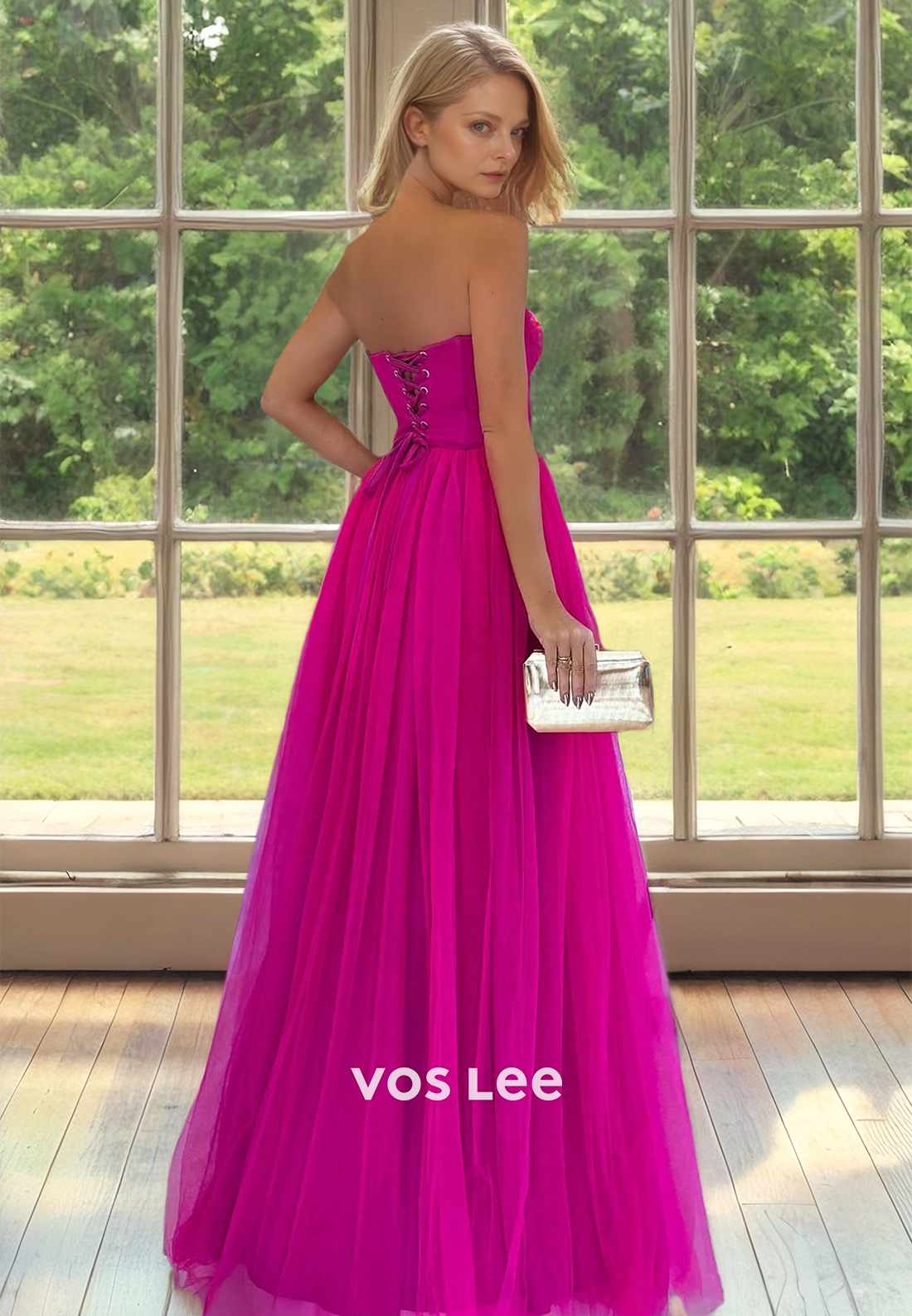 Fuchsia Sweetheart Sleeveless Lace Up Sweep Train Tulle Mother of the Bride Dress