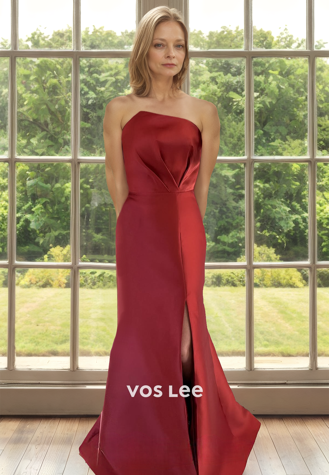 Column Strapless Side Split Sweep Train Floral Embossed Mother of the Bride Dress