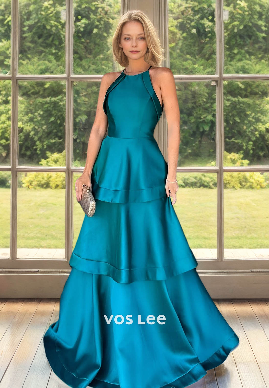Charming Halter A-Line Back Zipper Tiered Satin Mother of the Bride Dress