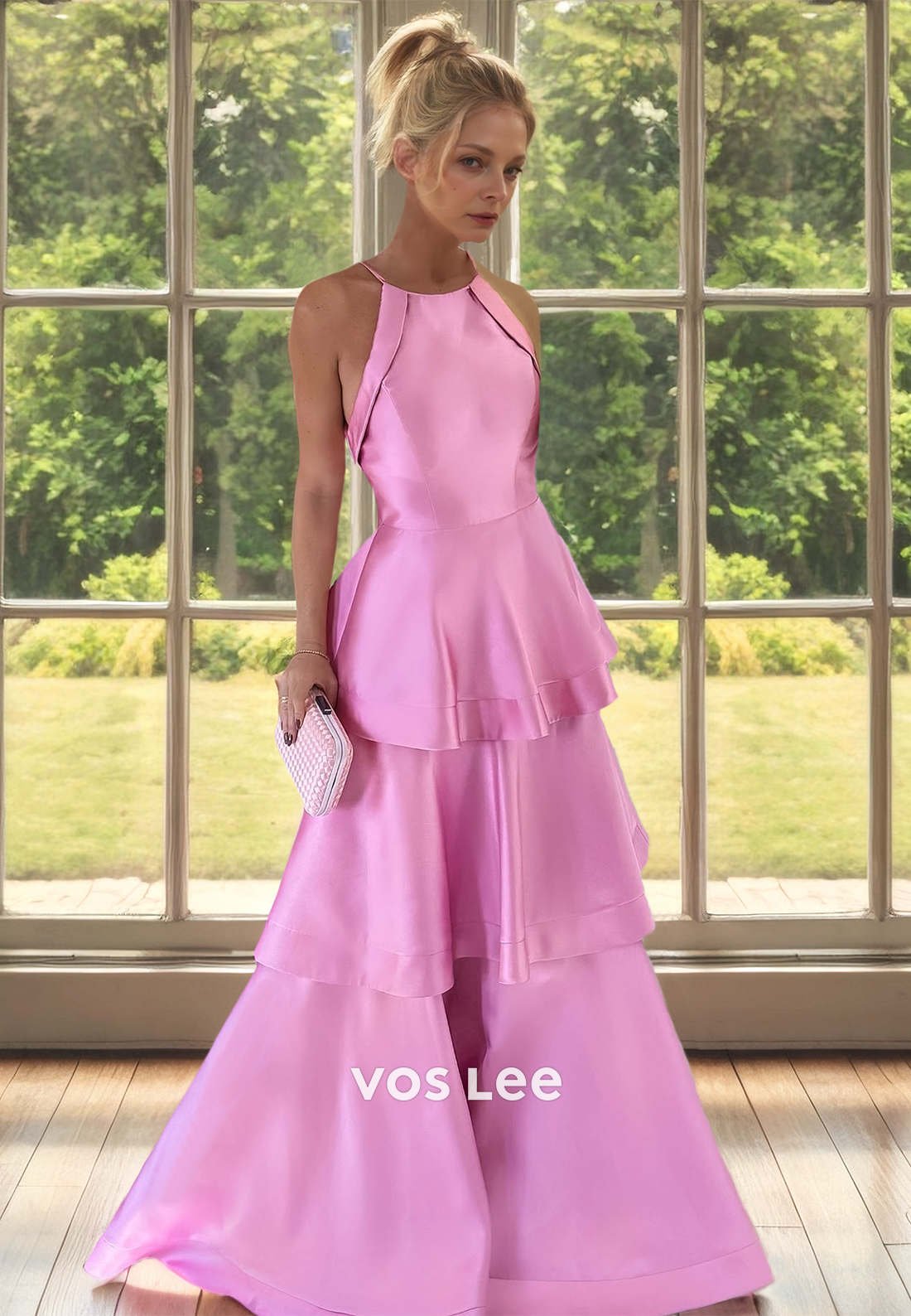 Charming Halter A-Line Back Zipper Tiered Satin Mother of the Bride Dress