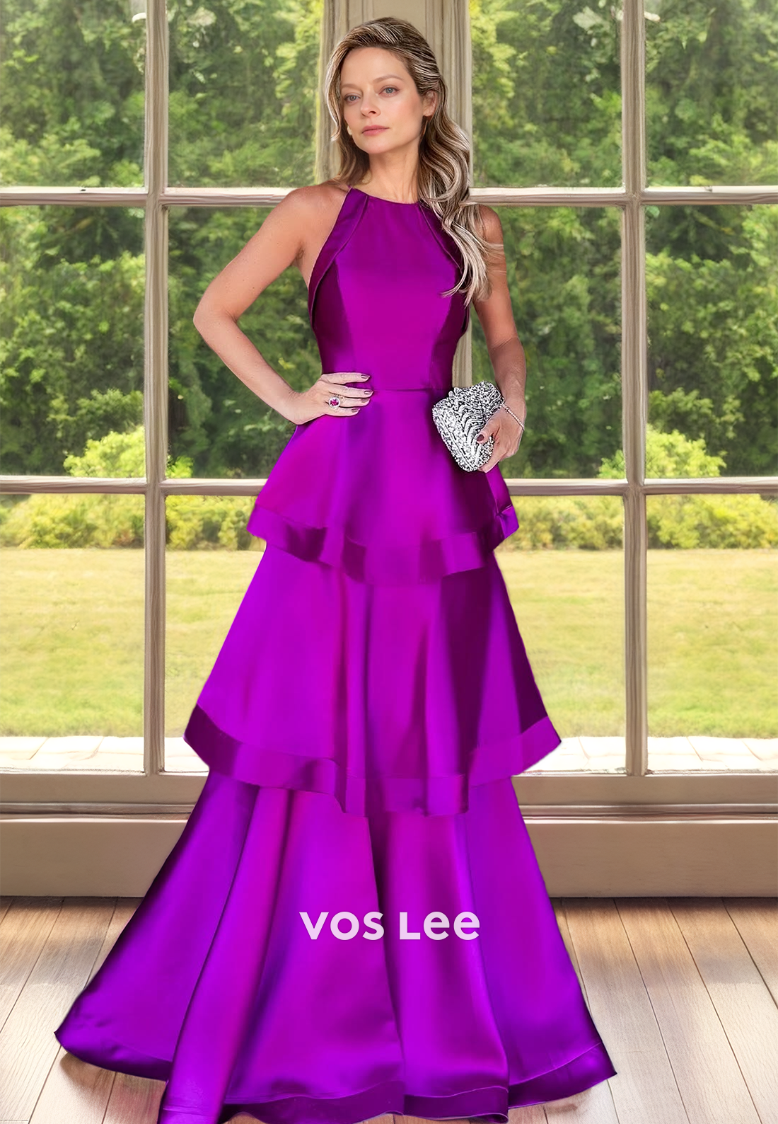 Charming Halter A-Line Back Zipper Tiered Satin Mother of the Bride Dress