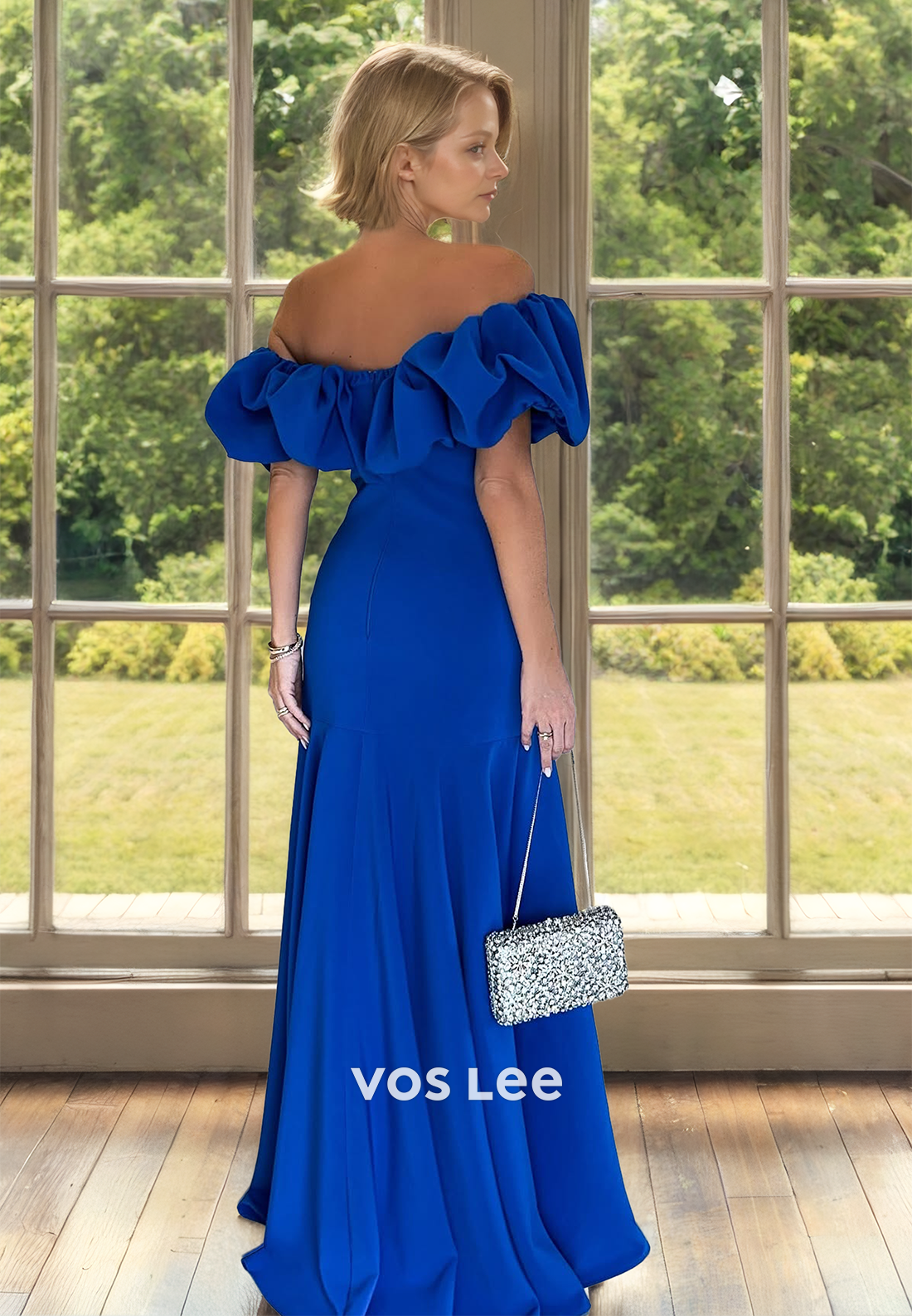 Royal Blue Off Shoulder A-Line Sleeveless Pleated Satin Mother of the Bride Dress