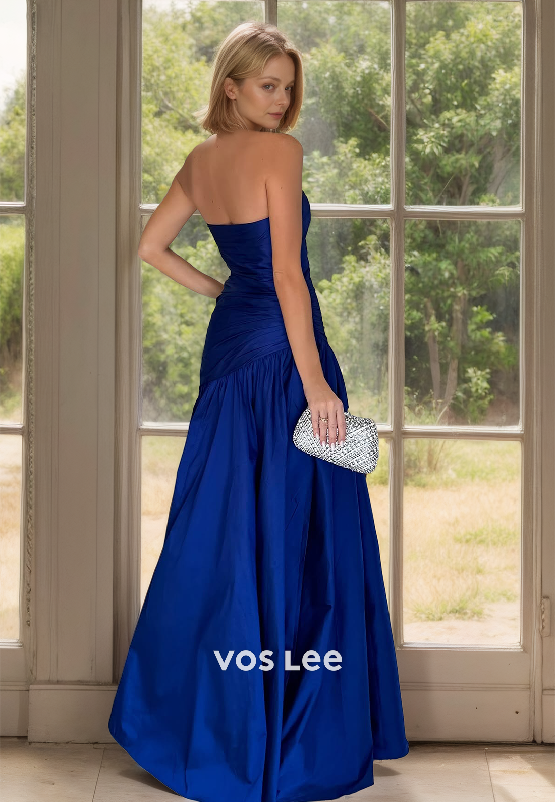 Unique Strapless Sweep Train Floral Embossed Ruched Satin Mother of the Bride Dress
