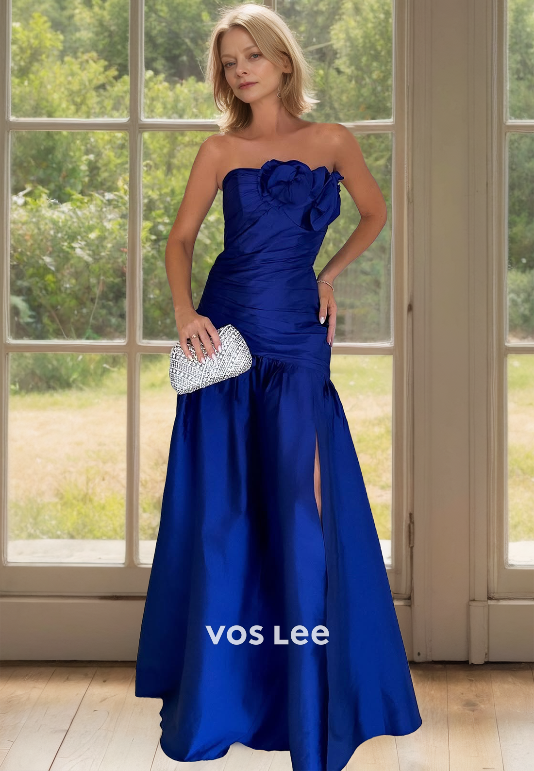 Unique Strapless Sweep Train Floral Embossed Ruched Satin Mother of the Bride Dress