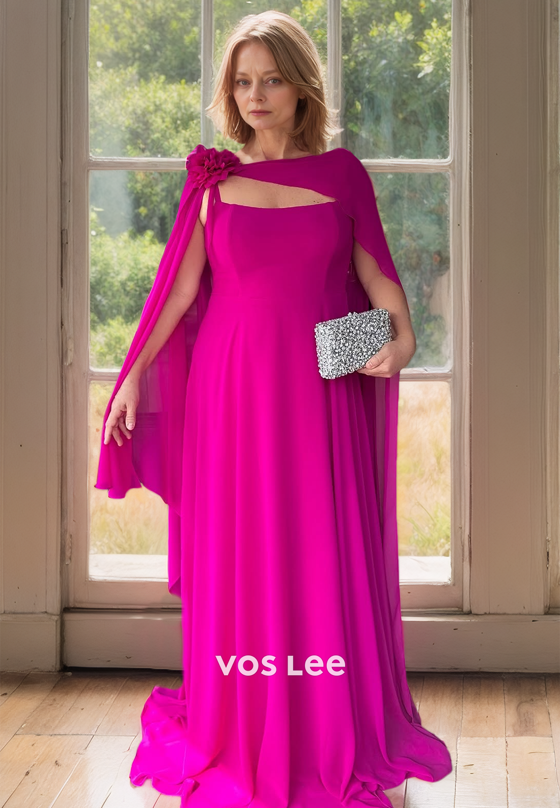 Fuchsia Asymmetrical Neck Sleeveless Pleated Satin Mother of the Bride VOS LEE Fuchsia Asymmetrical Neck Sleeveless Pleated Satin Mother of the Bride VOS LEE