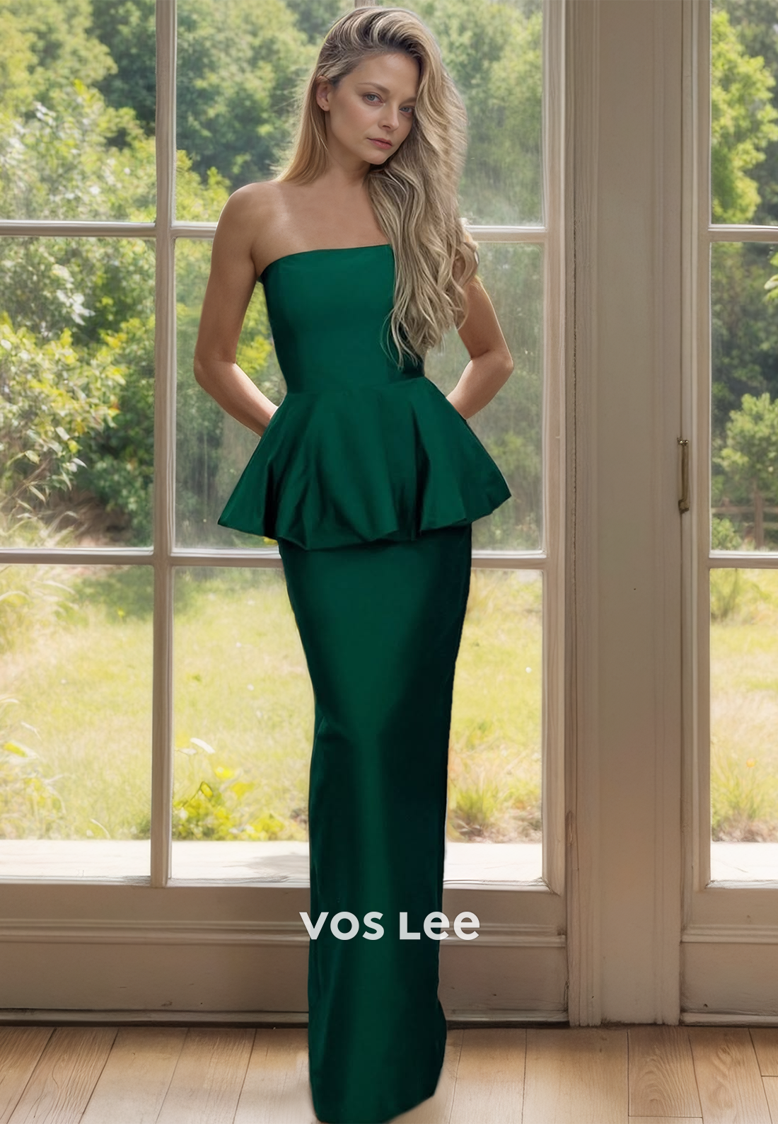 Simple Sheath Strapless Puff Sleeves Floor Length Satin Mother of the Evening Dress