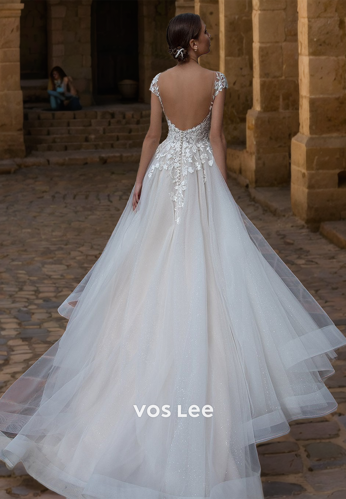 Graceful A-Line Cap Sleeves Plunging V Neck Illusion Backless Lace Appliques Tulle Wedding Gown