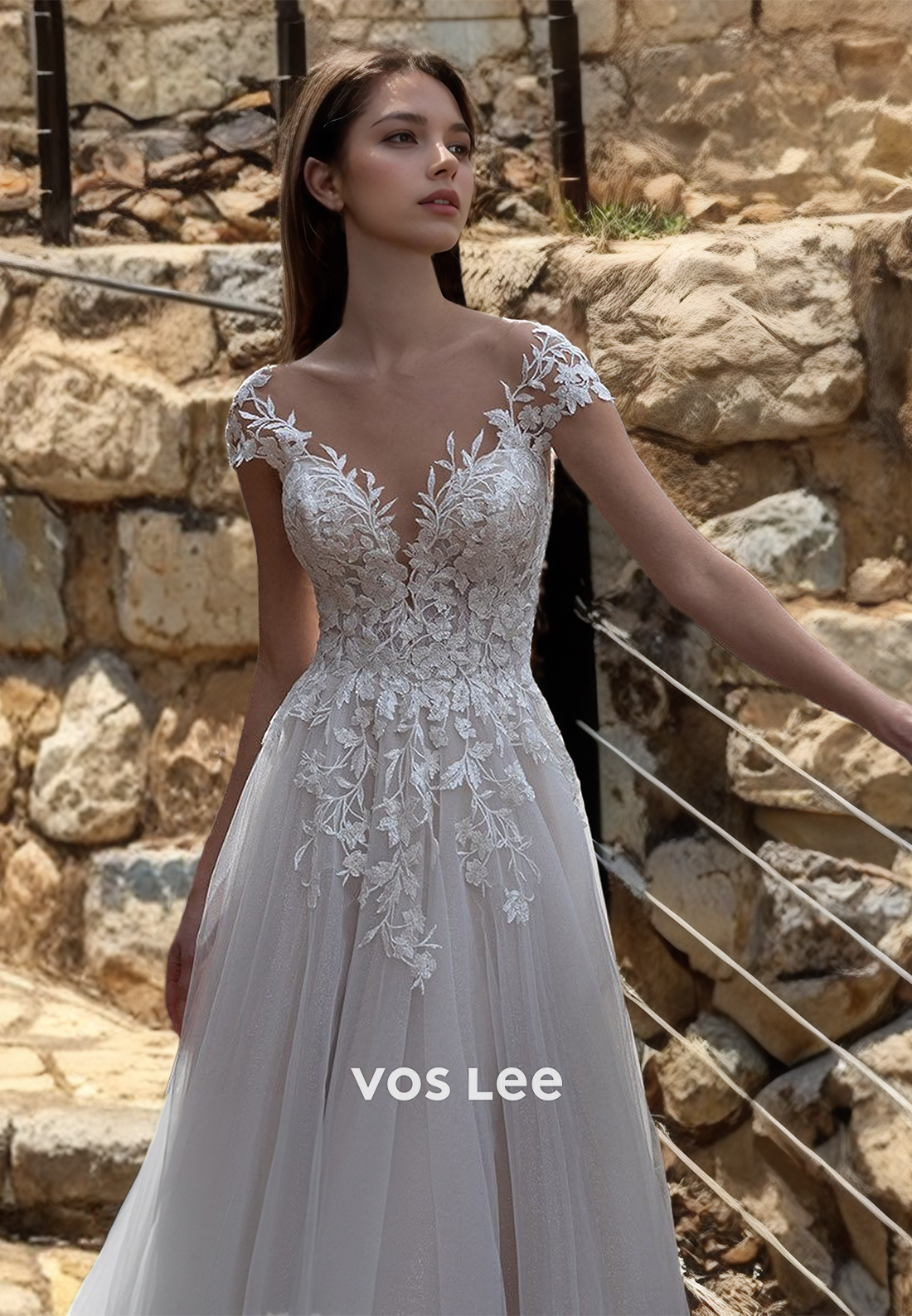 Graceful A-Line Cap Sleeves Plunging V Neck Illusion Backless Lace Appliques Tulle Wedding Gown