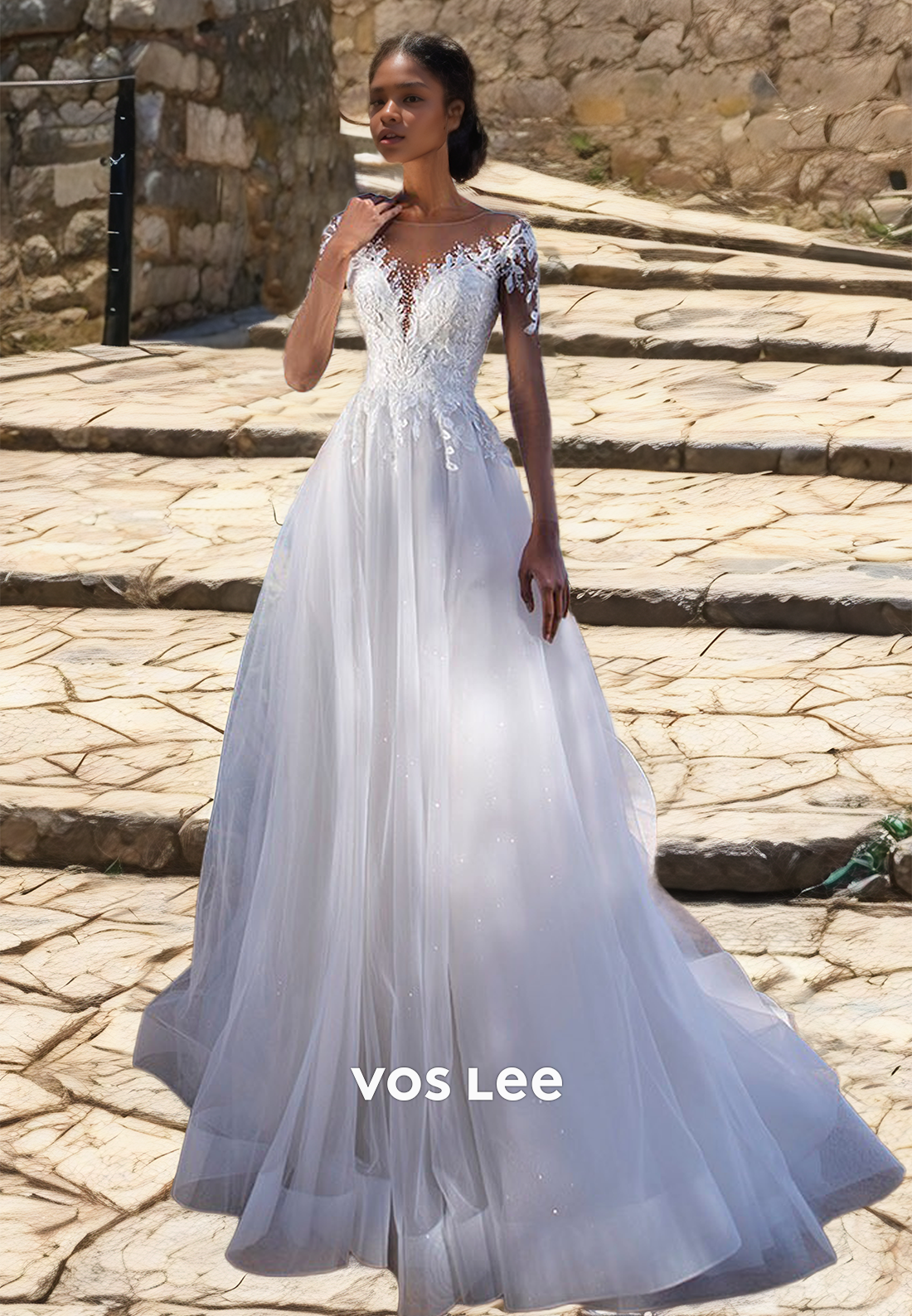 Modest Deep V Neck Illusion A-Line Long Sleeves Beaded Lace Appliques Wedding Bride Dress