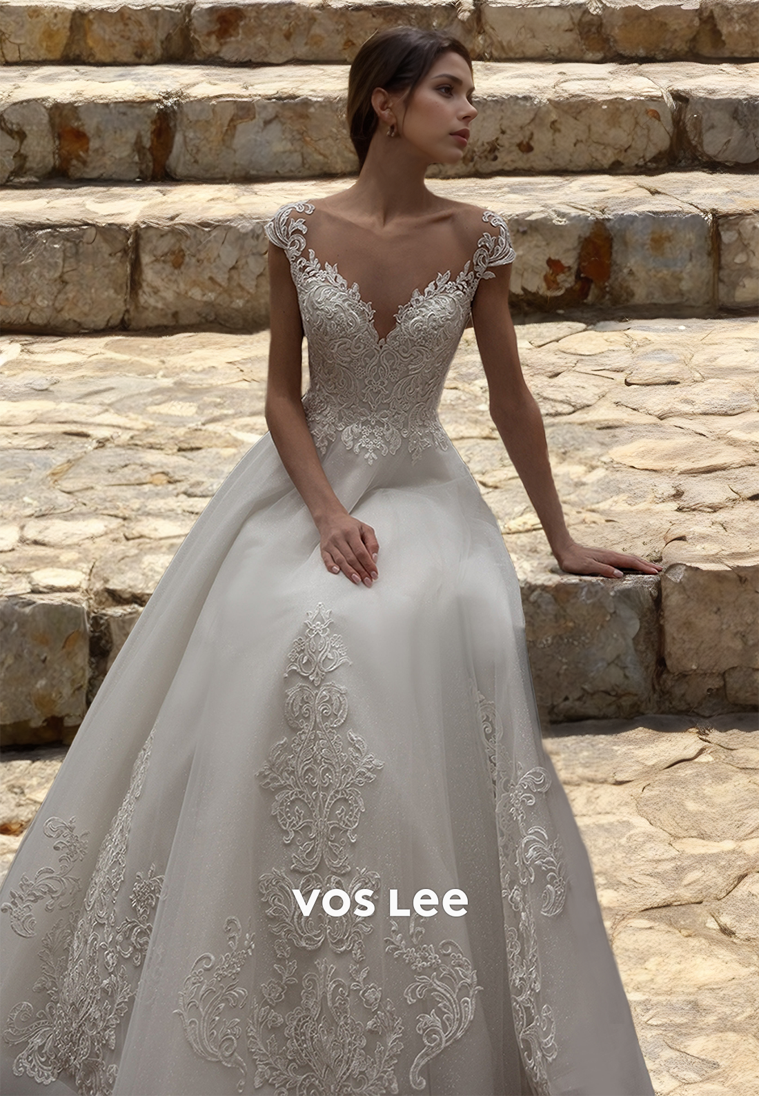 Elegant Plunging V Neck Illusion A-Line Bazk Zipper Cap Sleeves Lace Appliques Tulle Wedding Dress