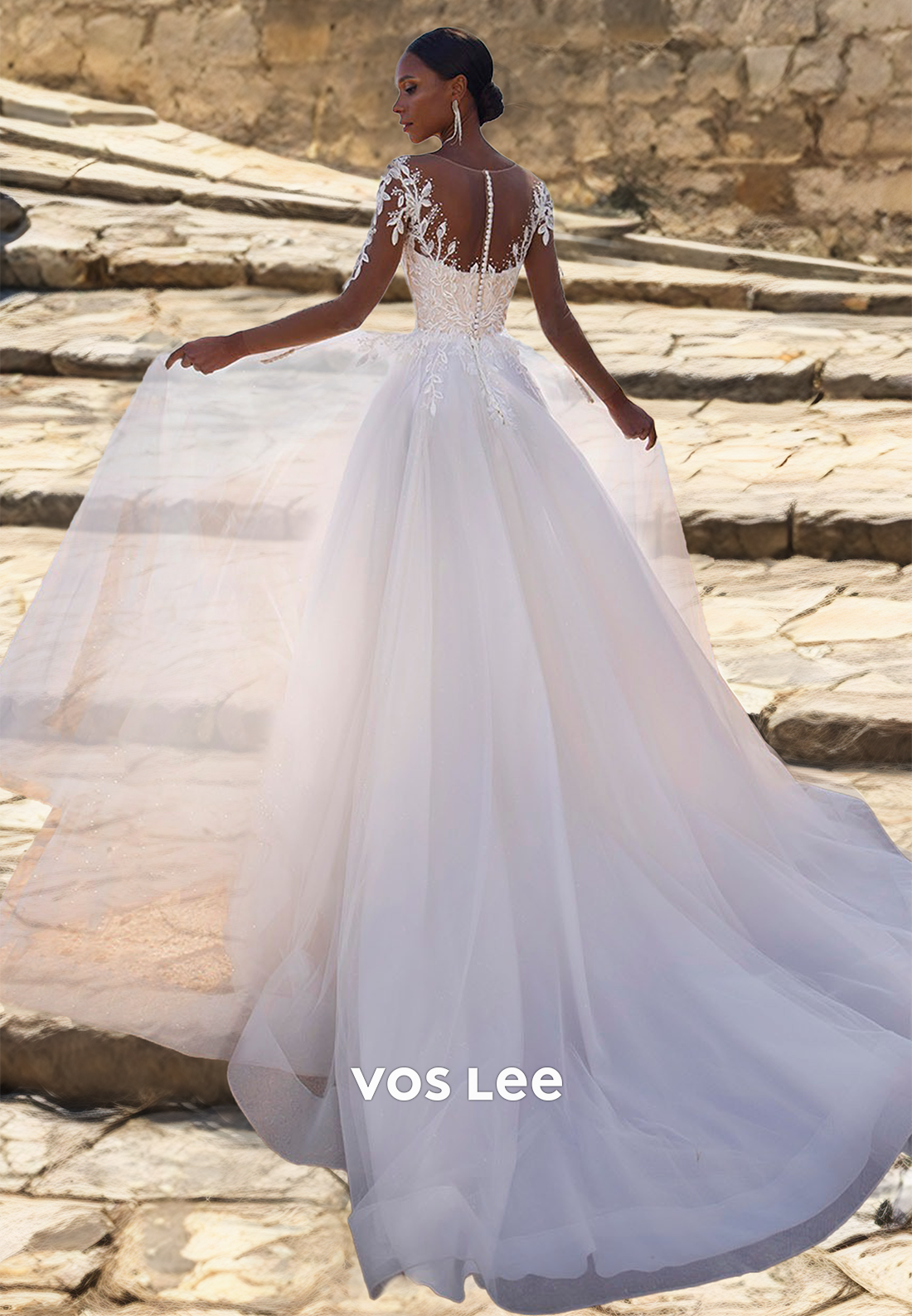 Modest Deep V Neck Illusion A-Line Long Sleeves Beaded Lace Appliques Wedding Bride Dress