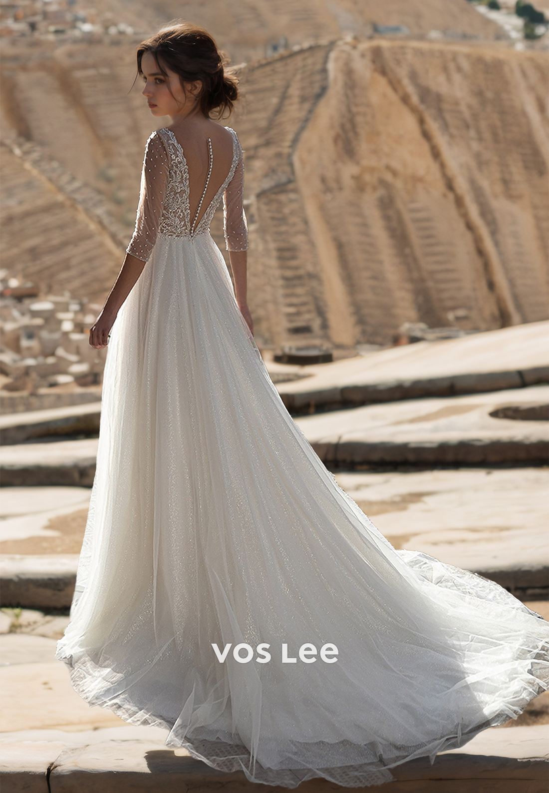 Luxury A-Line Plunging V Neck Illusion Half Sleeves Beaded Lace Appliques Sequins Wedding Dress
