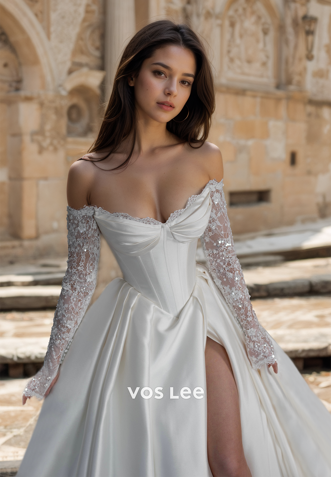 Gorgeous A-Line Off Shoulder Long Sleeves Lace Appliques Sequins High Split Satin Wedding Gown