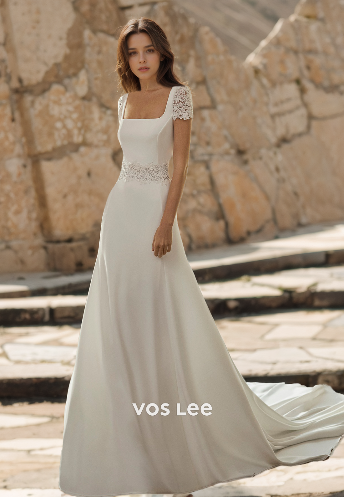 Graceful A-Line Short Sleeves Lace Appliques Backless Square Neck Draped Satin Wedding Dress Graceful A-Line Short Sleeves Lace Appliques Backless Square Neck Draped Satin Wedding Dress