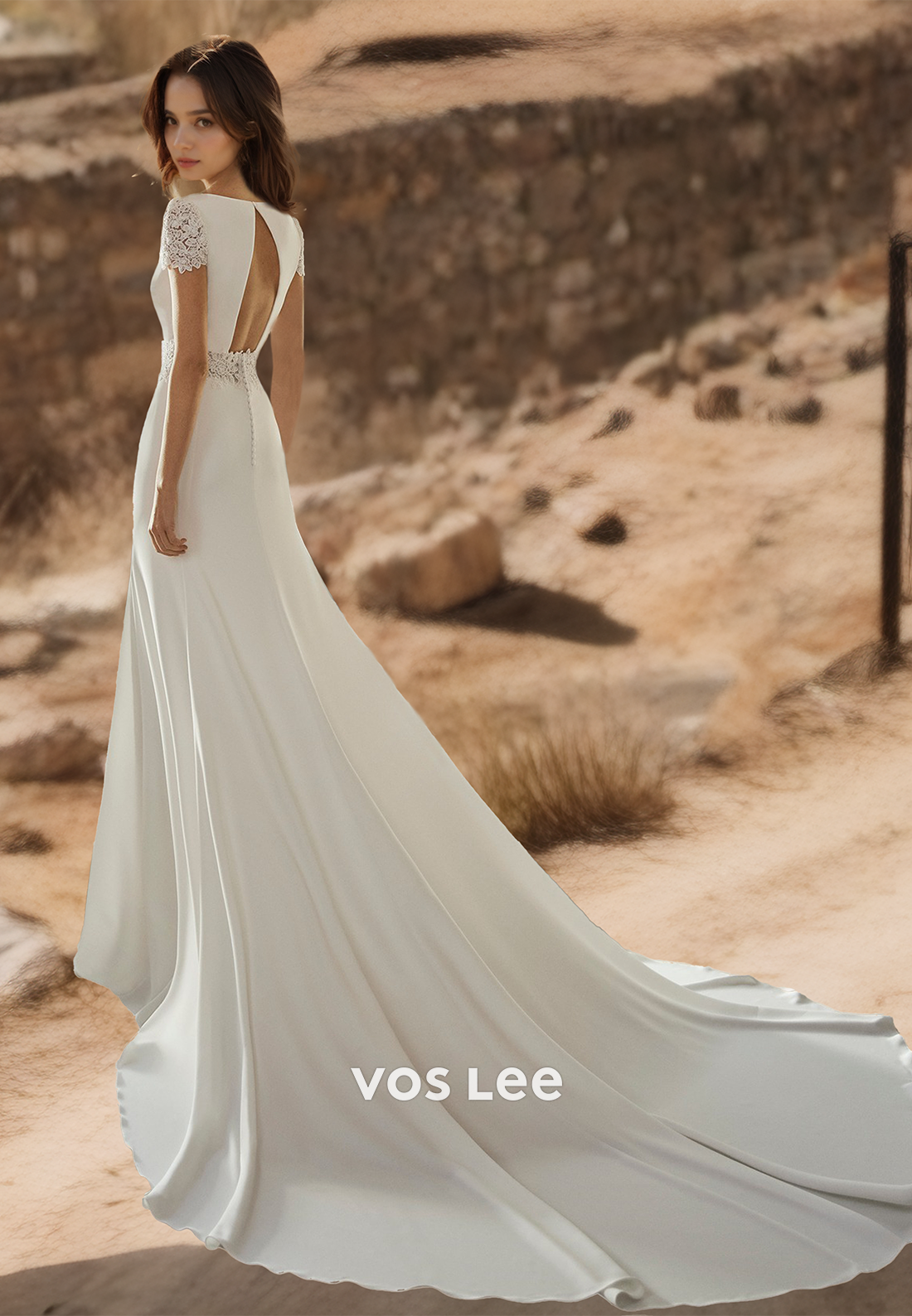 Graceful A-Line Short Sleeves Lace Appliques Backless Square Neck Draped Satin Wedding Dress
