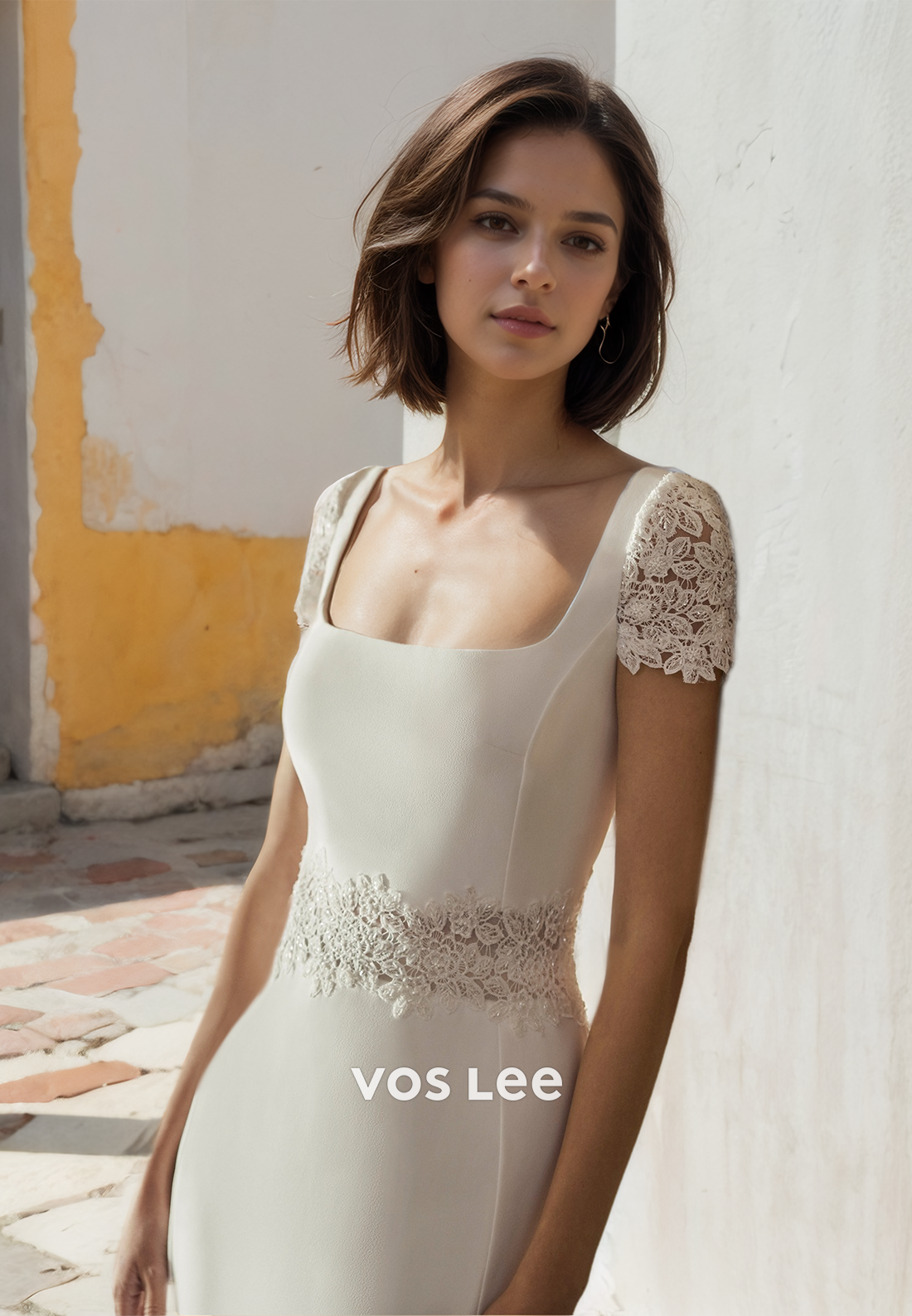 Graceful A-Line Short Sleeves Lace Appliques Backless Square Neck Draped Satin Wedding Dress