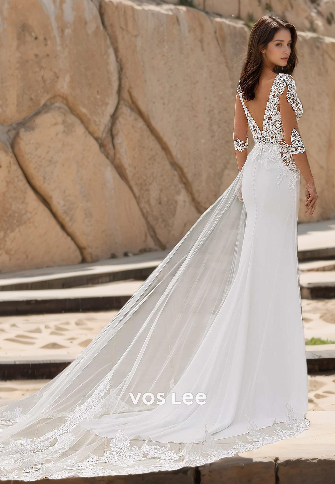Gorgeous Column Long Sleeves Lace Appliques Backless Court Train Tulle Wedding Bride Dress