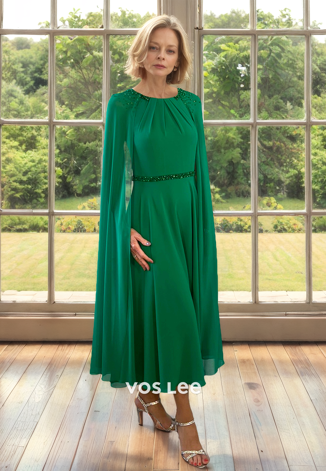 Dark Green A-Line Scoop Neck Tea Length Ruched Satin Mother of the Formal Dress
