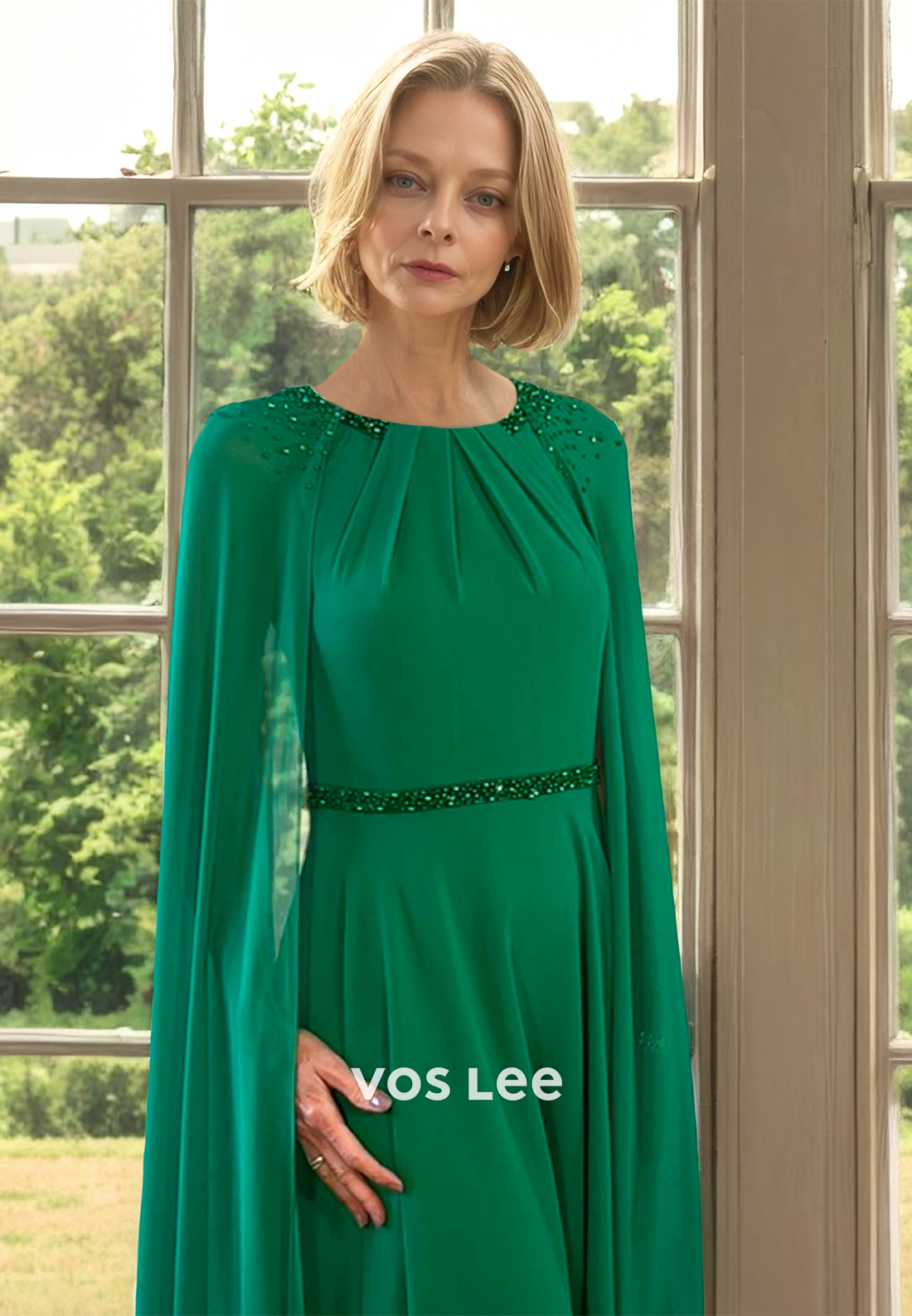 Dark Green A-Line Scoop Neck Tea Length Ruched Satin Mother of the Formal Dress