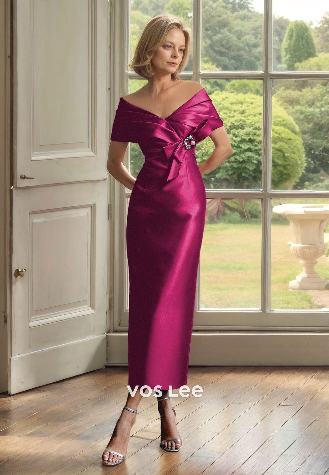 Charming Sheath Off Shoulder Tea Length Beaded Bow Mother of the Bride Dress