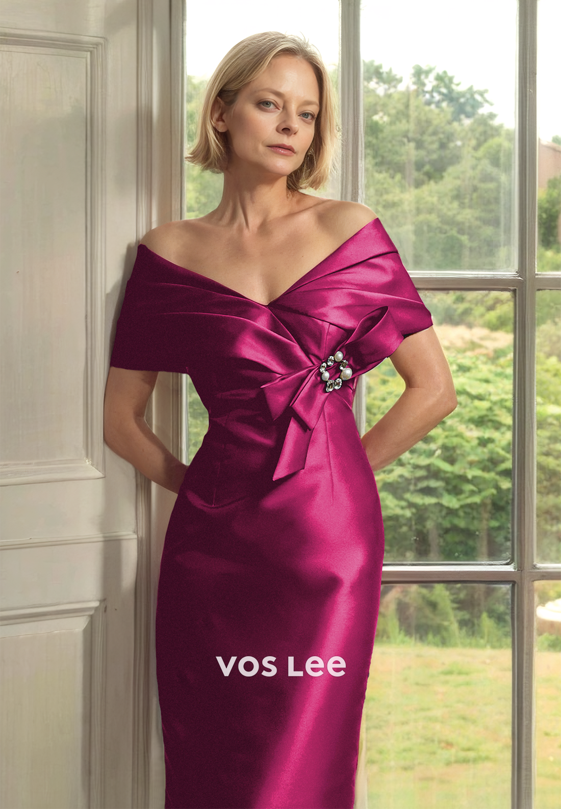 Charming Sheath Off Shoulder Tea Length Beaded Bow Mother of the Bride Dress