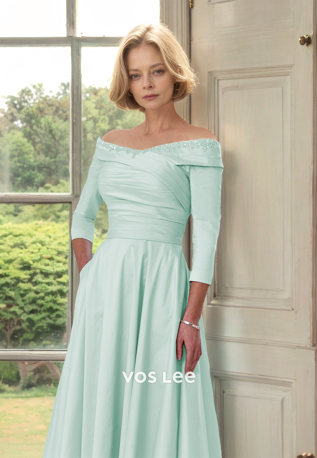 A-Line Mint Green Off Shoulder Long Sleeves Pleated Lace Mother of the Bride Dress