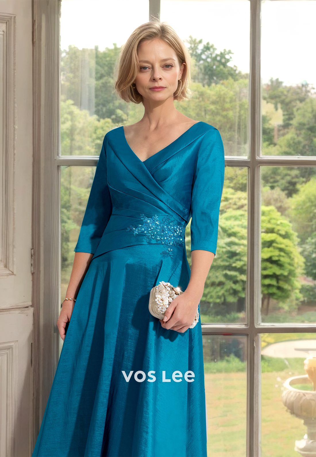 A-Line V Neck Half Sleeves Pleated Lace Appliques Mother of the Bride Dress