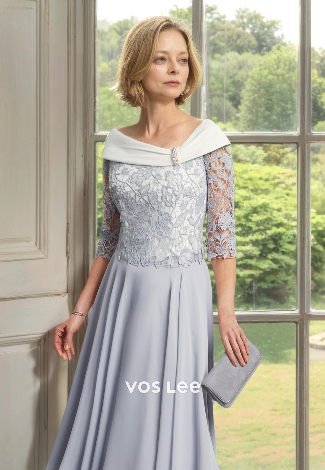 Ornate A-Line Scoop Neck Lace Appliques Knee Length Mother of the Bride Dress
