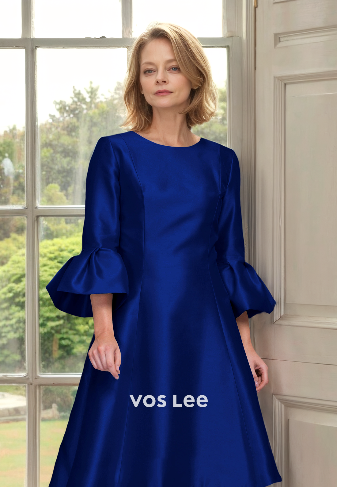 Unique A-Line Scoop Neck High Low Ruched Satin Mother of the Bride Dress
