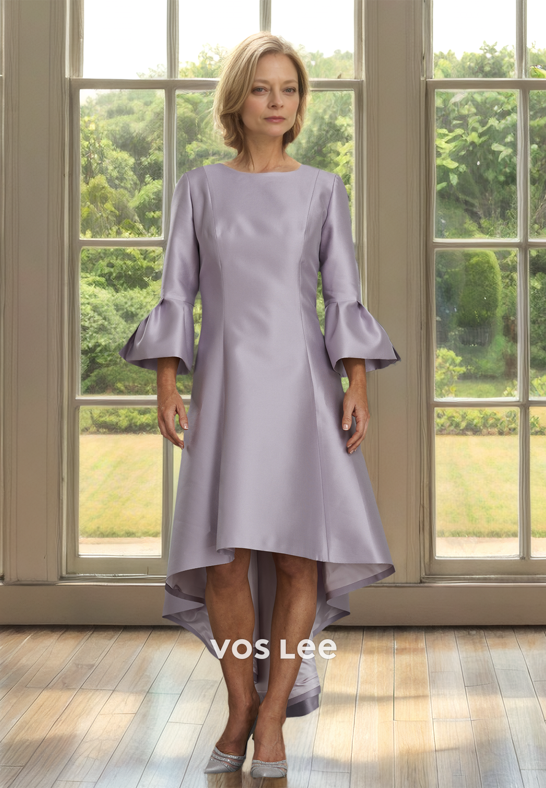 Unique A-Line Scoop Neck High Low Ruched Satin Mother of the Bride Dress