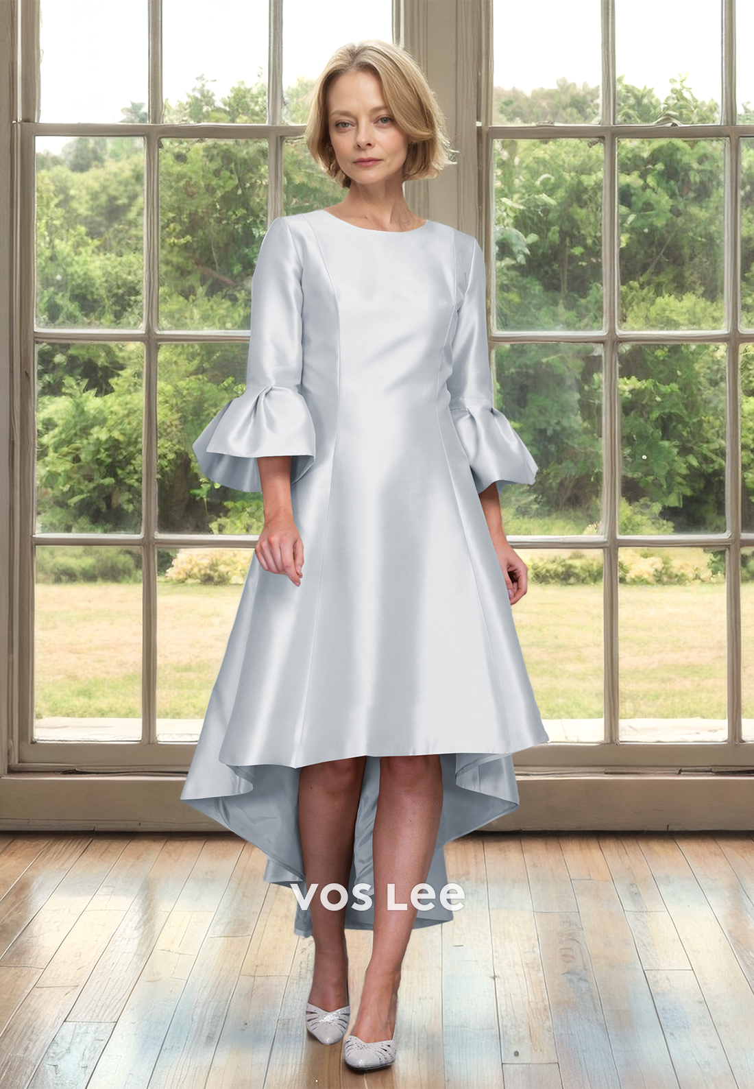 Unique A-Line Scoop Neck High Low Ruched Satin Mother of the Bride Dress