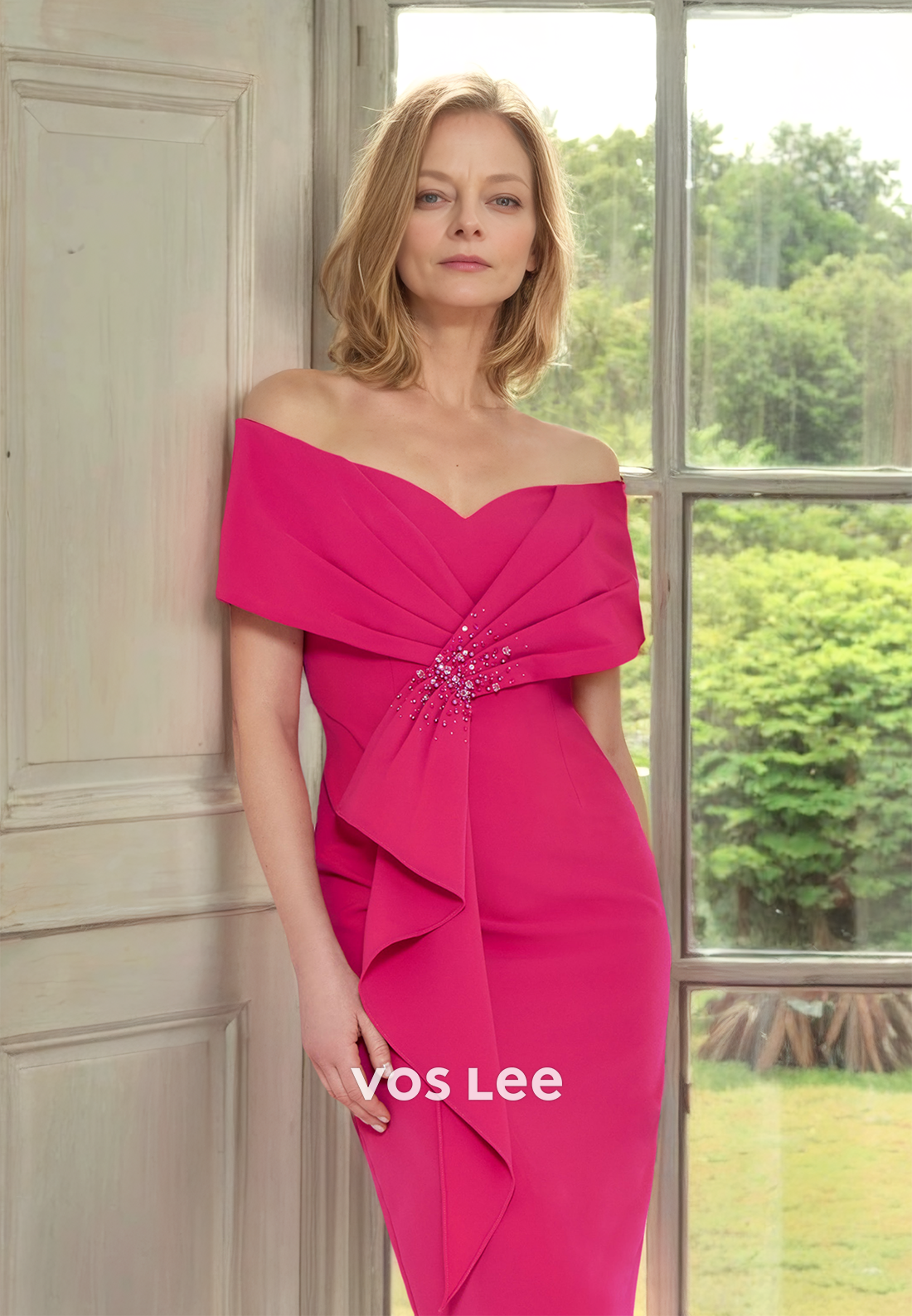 Simple Column Off Shoulder Tea Length Ruffled Sequins Mother of the Bride Dress