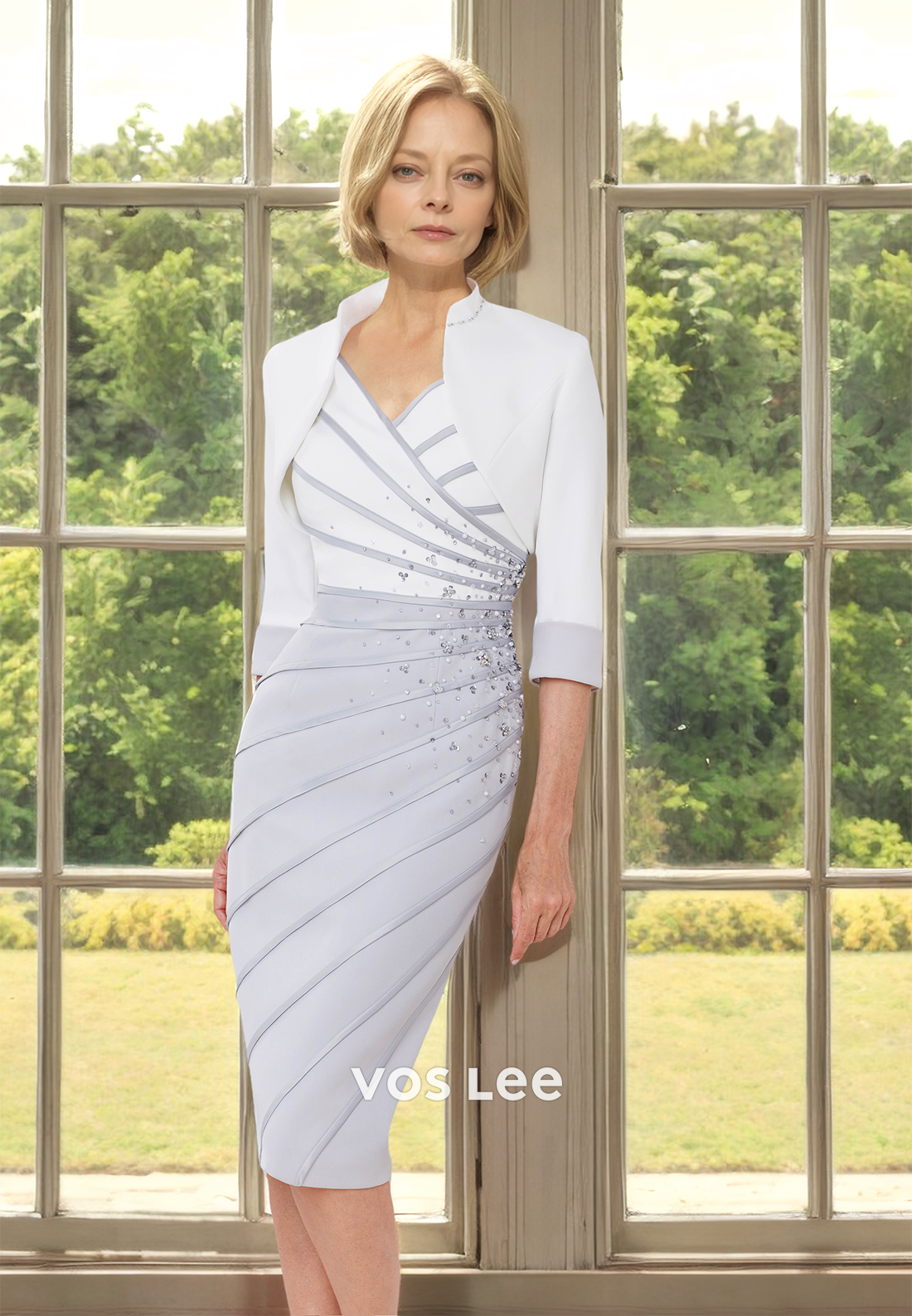 Column V Neck Knee Length Half Sleeves Satin Mother of the Formal Dress