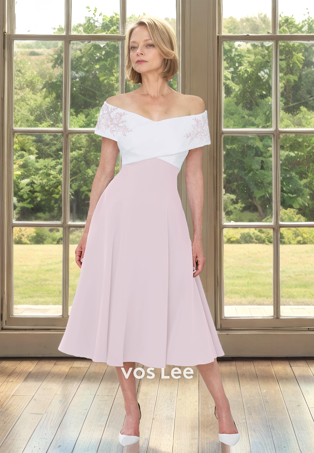 Elegant A-Line Off Shoulder Knee Length Lace Appliques Mother of the Party Dress